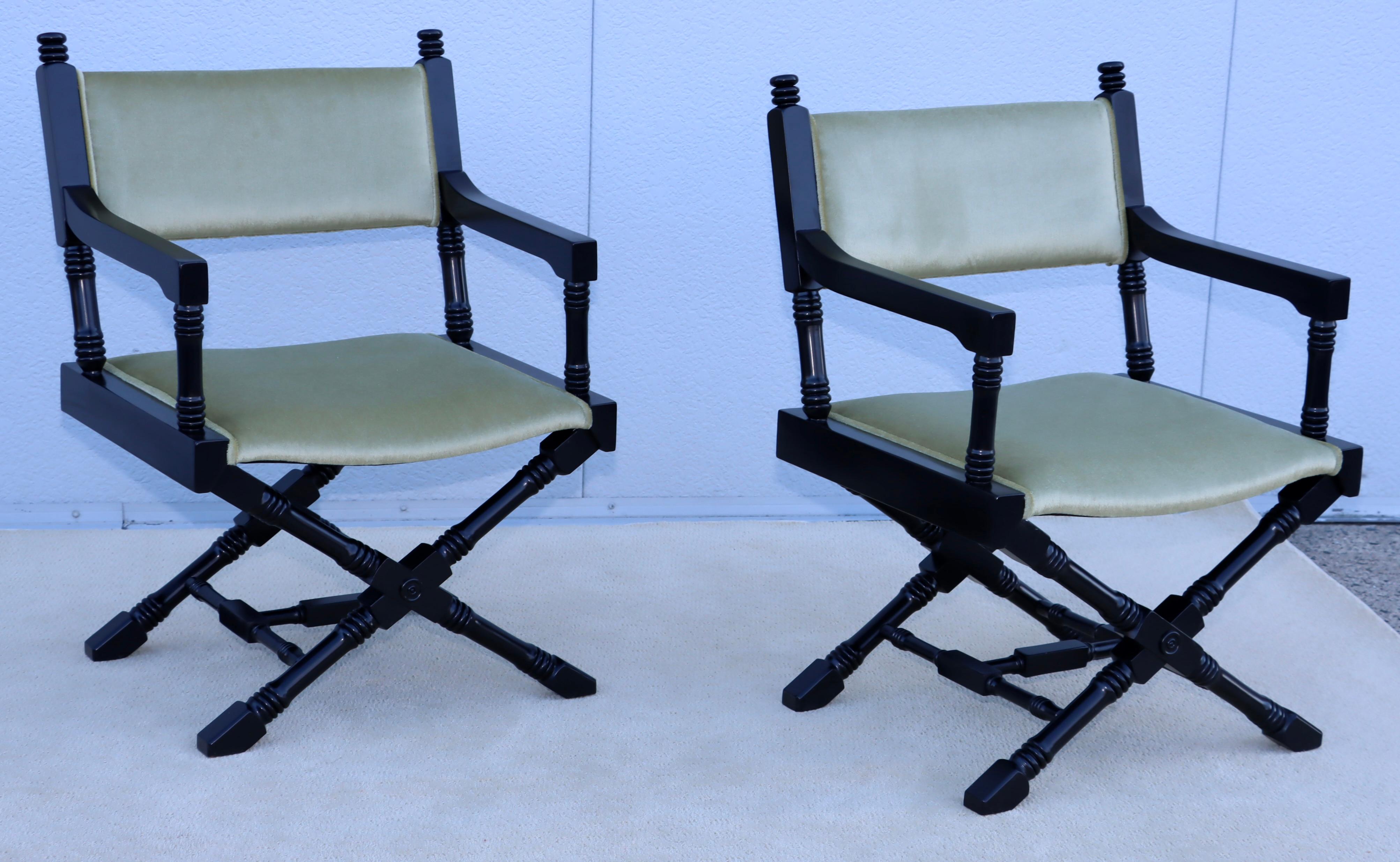 American 1960's X Base Black Lacquer Director Chairs With Mohair Upholstery. For Sale