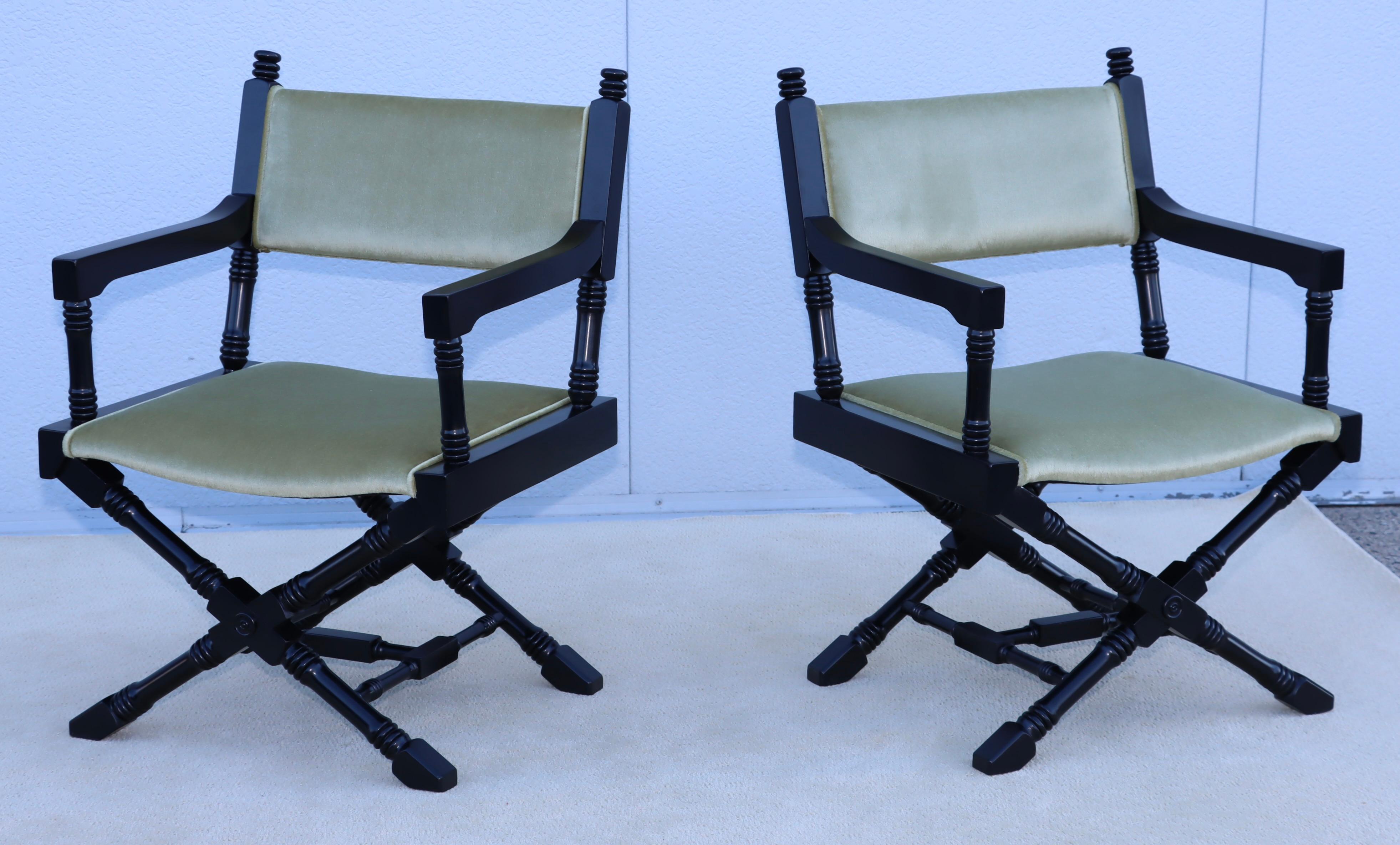 1960's X Base Black Lacquer Director Chairs With Mohair Upholstery. In Good Condition For Sale In New York, NY