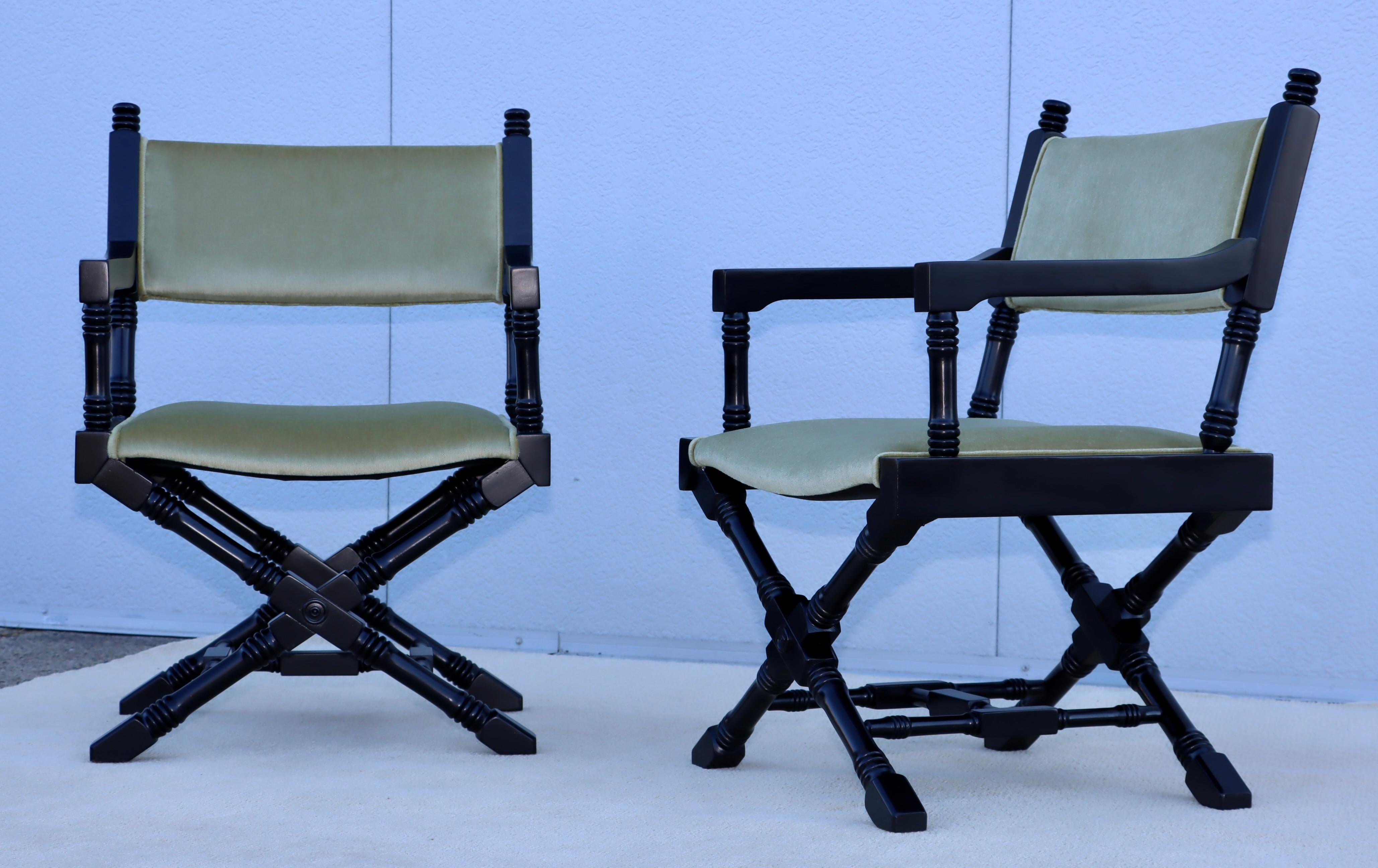 Mid-20th Century 1960's X Base Black Lacquer Director Chairs With Mohair Upholstery. For Sale