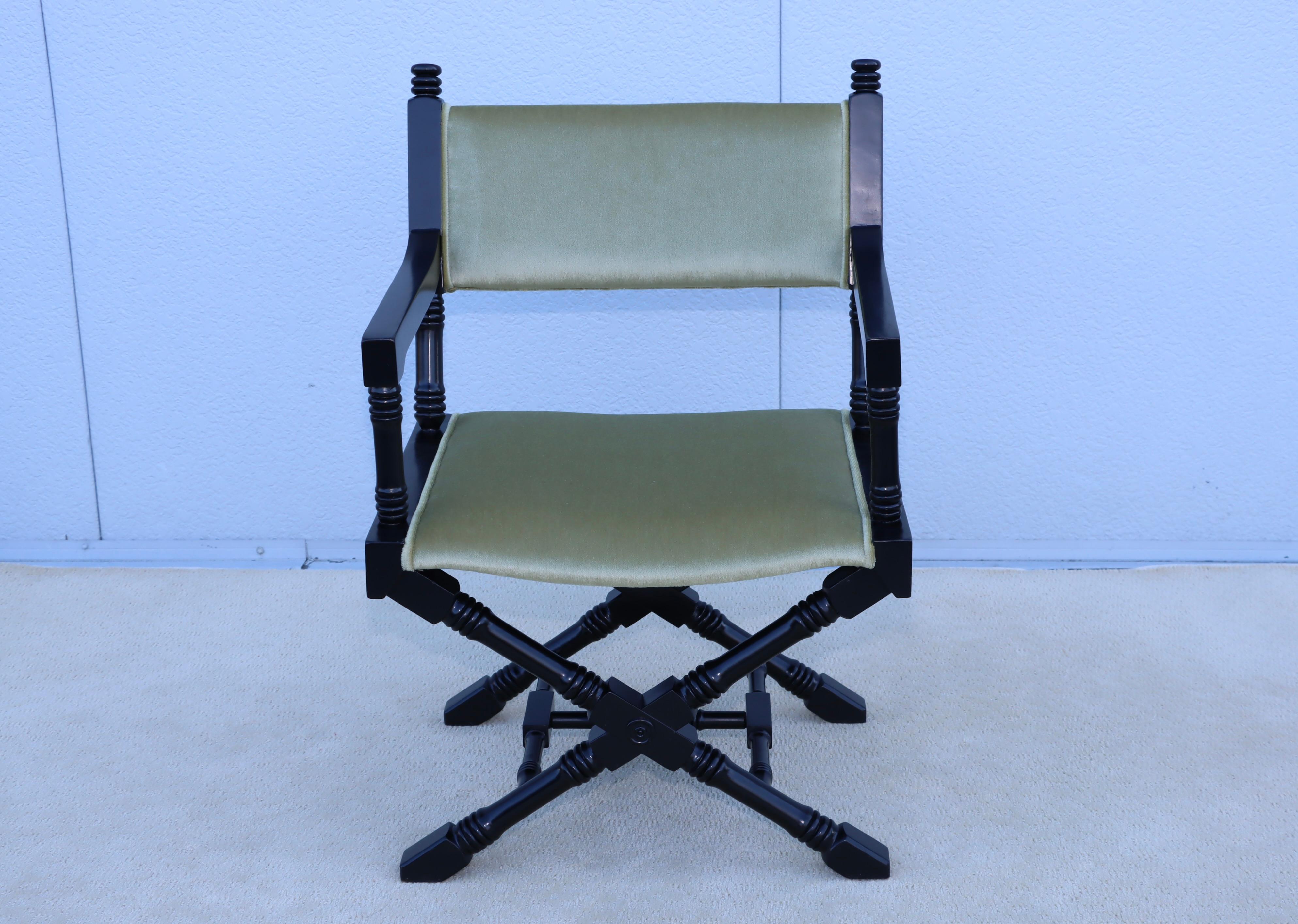1960's X Base Black Lacquer Director Chairs With Mohair Upholstery. For Sale 1