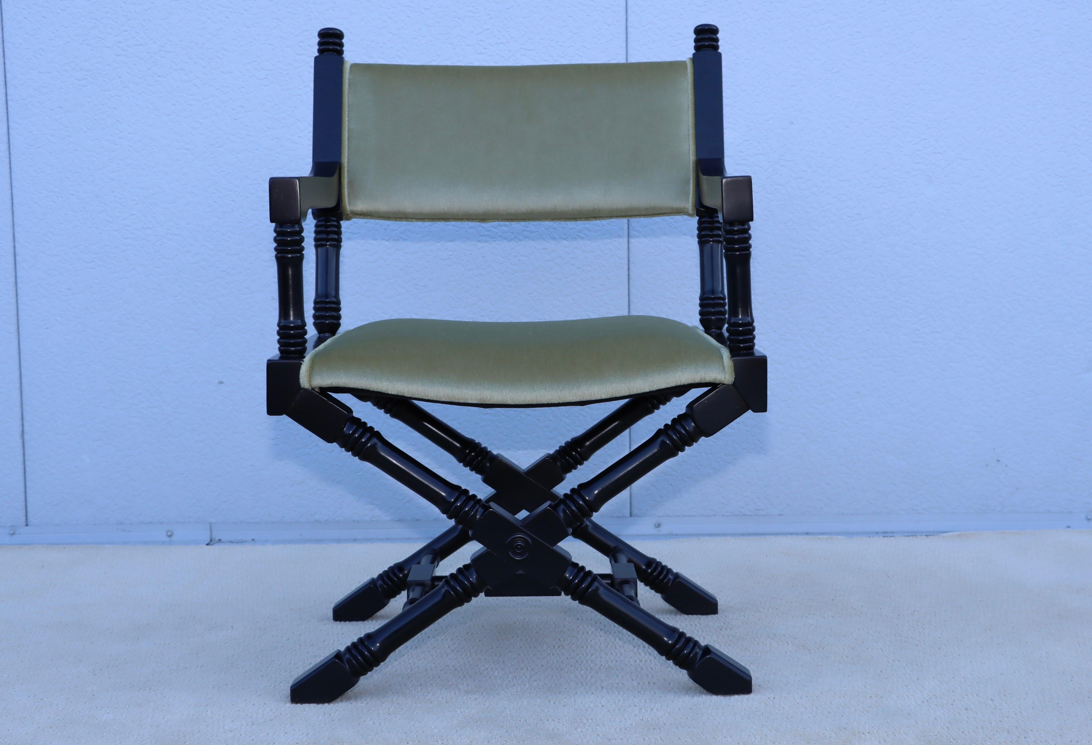 1960's X Base Black Lacquer Director Chairs With Mohair Upholstery. For Sale 2