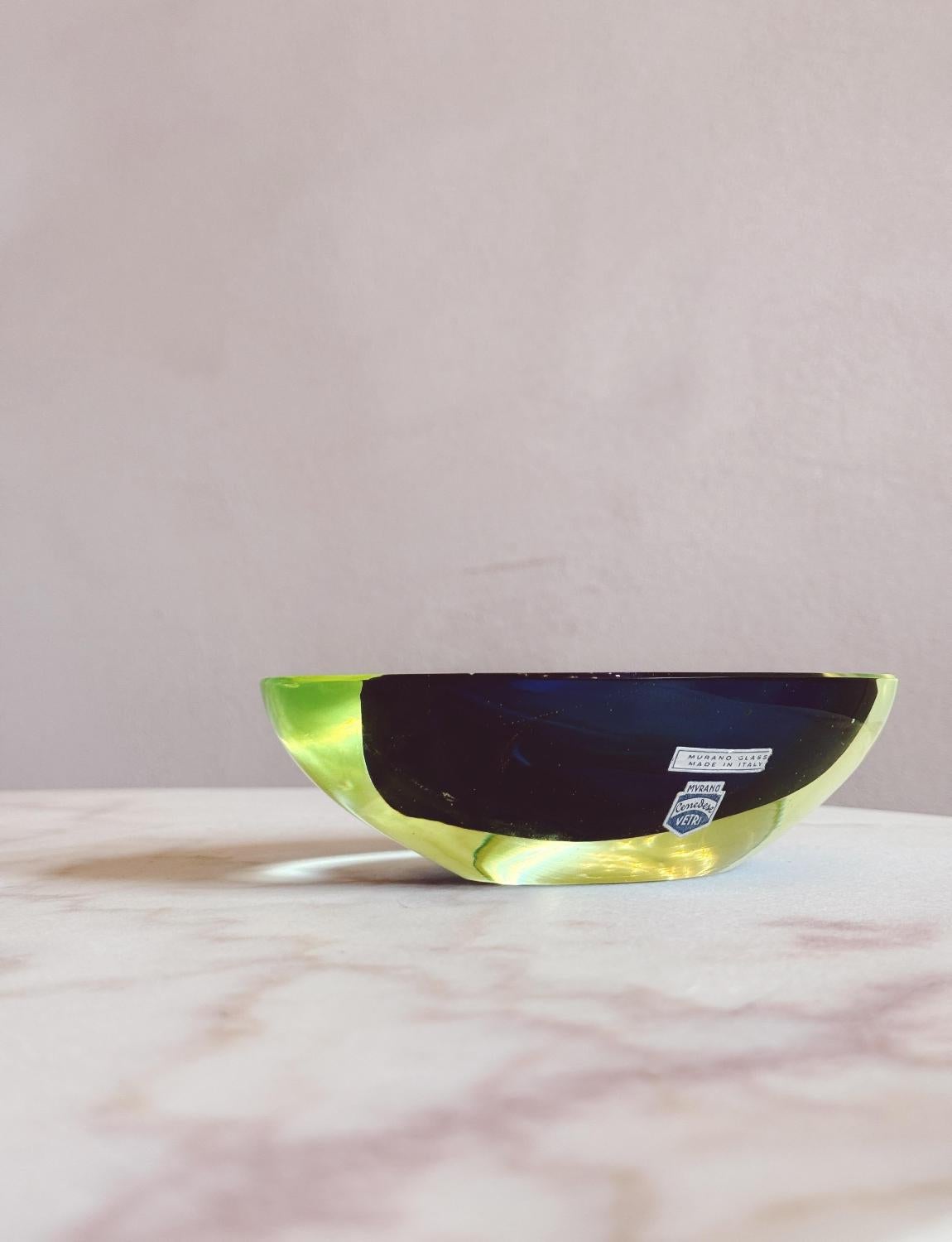 Glass 1960s Yellow and Blue Cenedese Oval Murano glass bowl For Sale