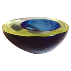 1960er Jahre Gelbe und blaue Cenedese Ovale Murano Glasschale