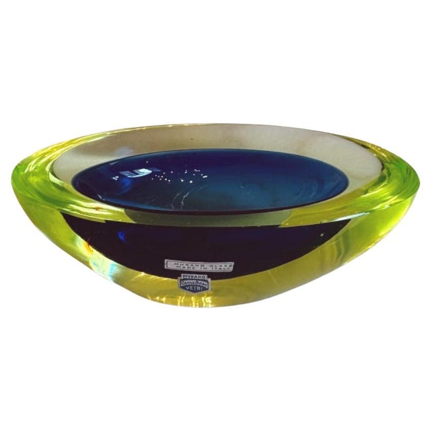 Bol ovale Cenedese jaune et bleu en verre de Murano des années 1960