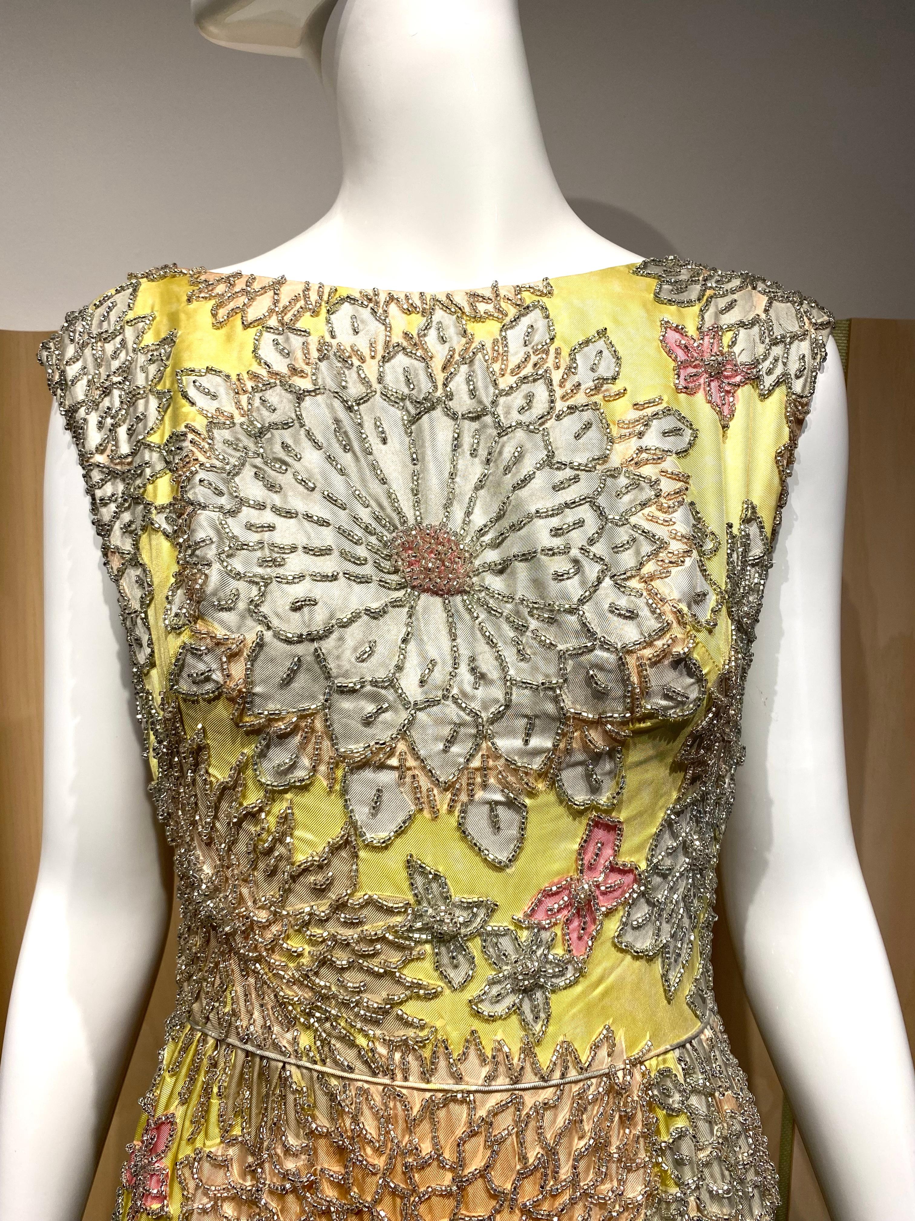1960s Yellow and Grey Floral Beaded Sleeveless Sheath Dress In Good Condition For Sale In Beverly Hills, CA