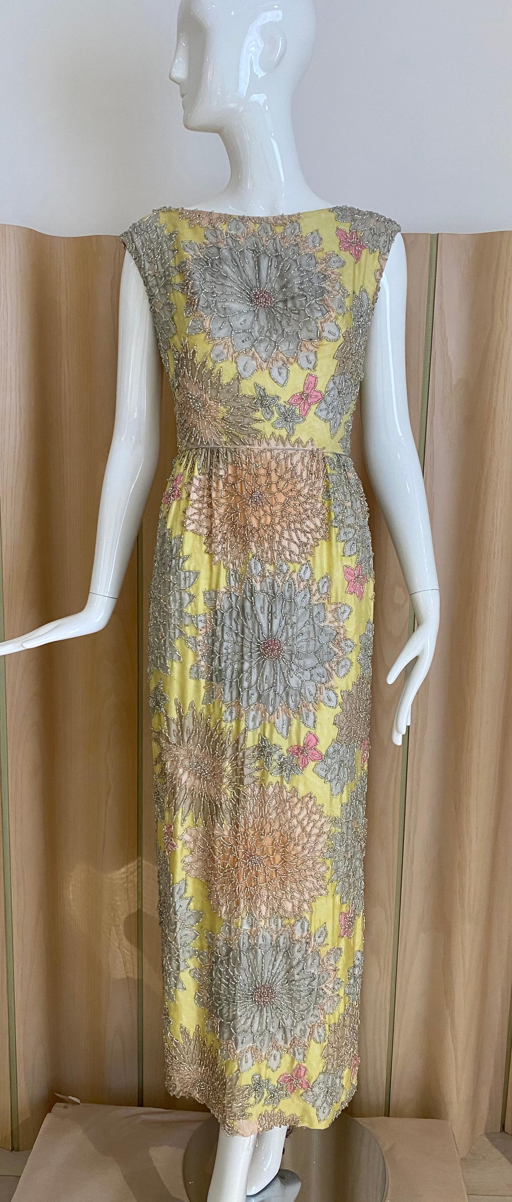 Women's 1960s Yellow and Grey Floral Beaded Sleeveless Sheath Dress For Sale
