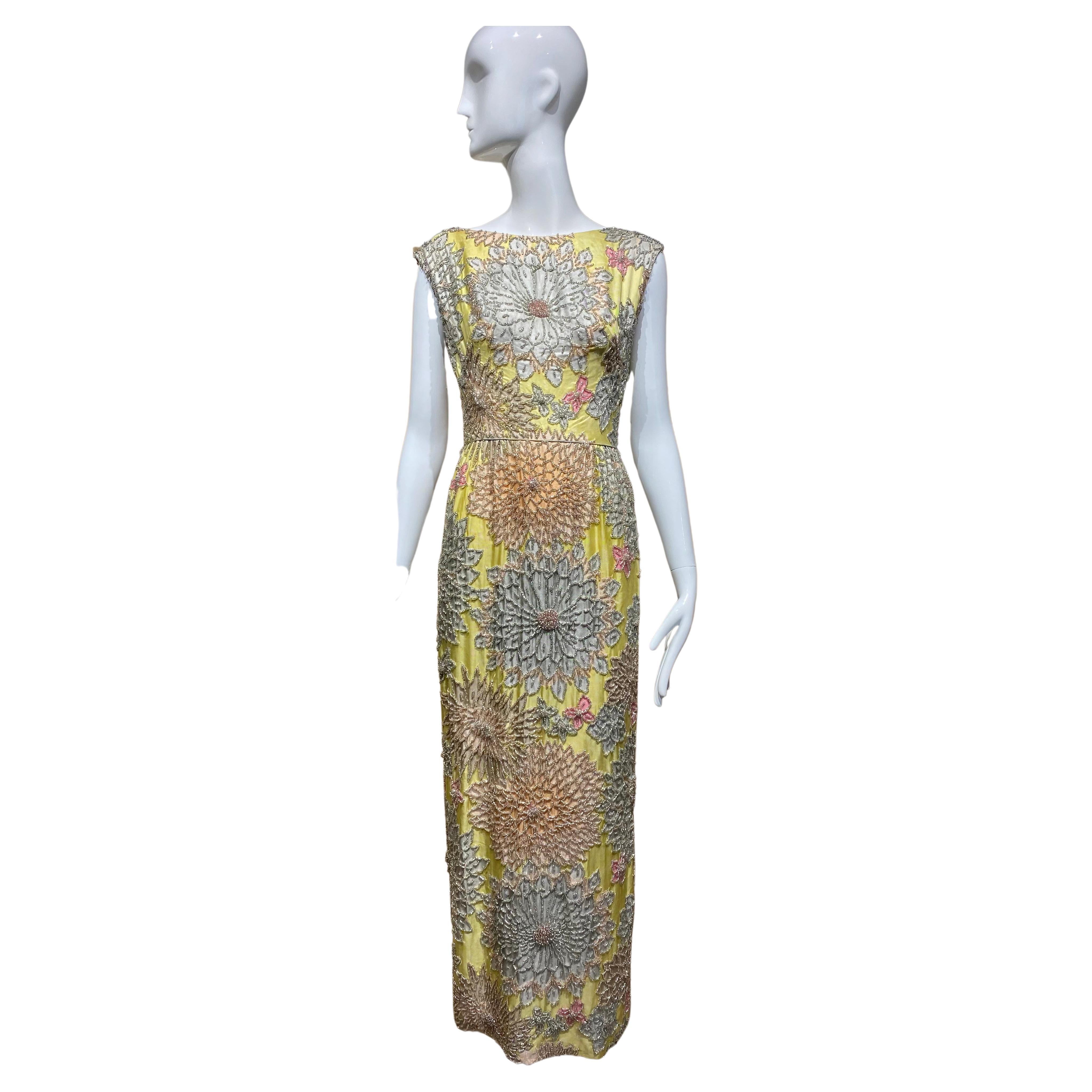 1960s Yellow and Grey Floral Beaded Sleeveless Sheath Dress For Sale