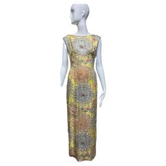 1960s Yellow and Grey Floral Beaded Sleeveless Sheath Dress