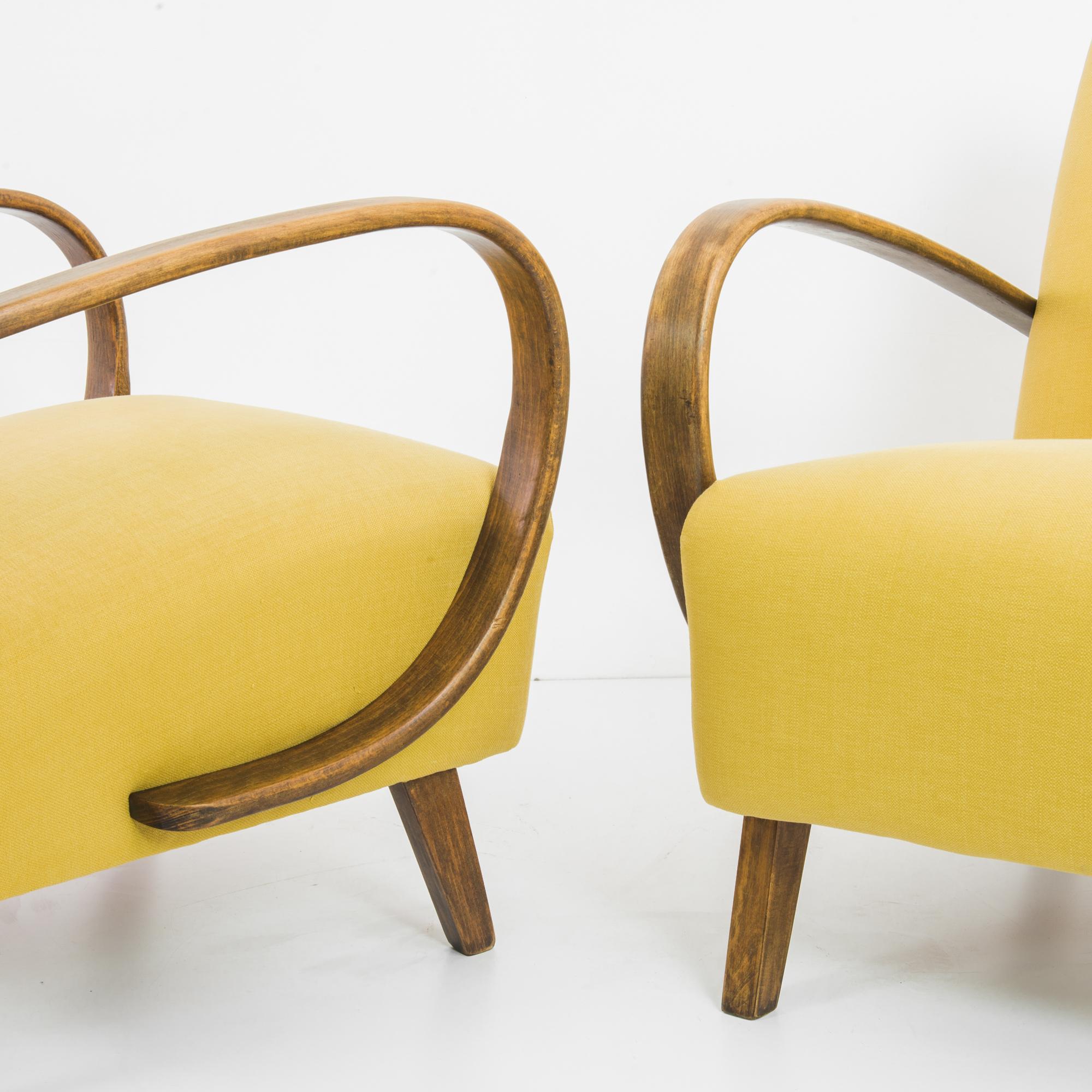Fabric 1960s Yellow Armchairs by J. Halabala, a Pair