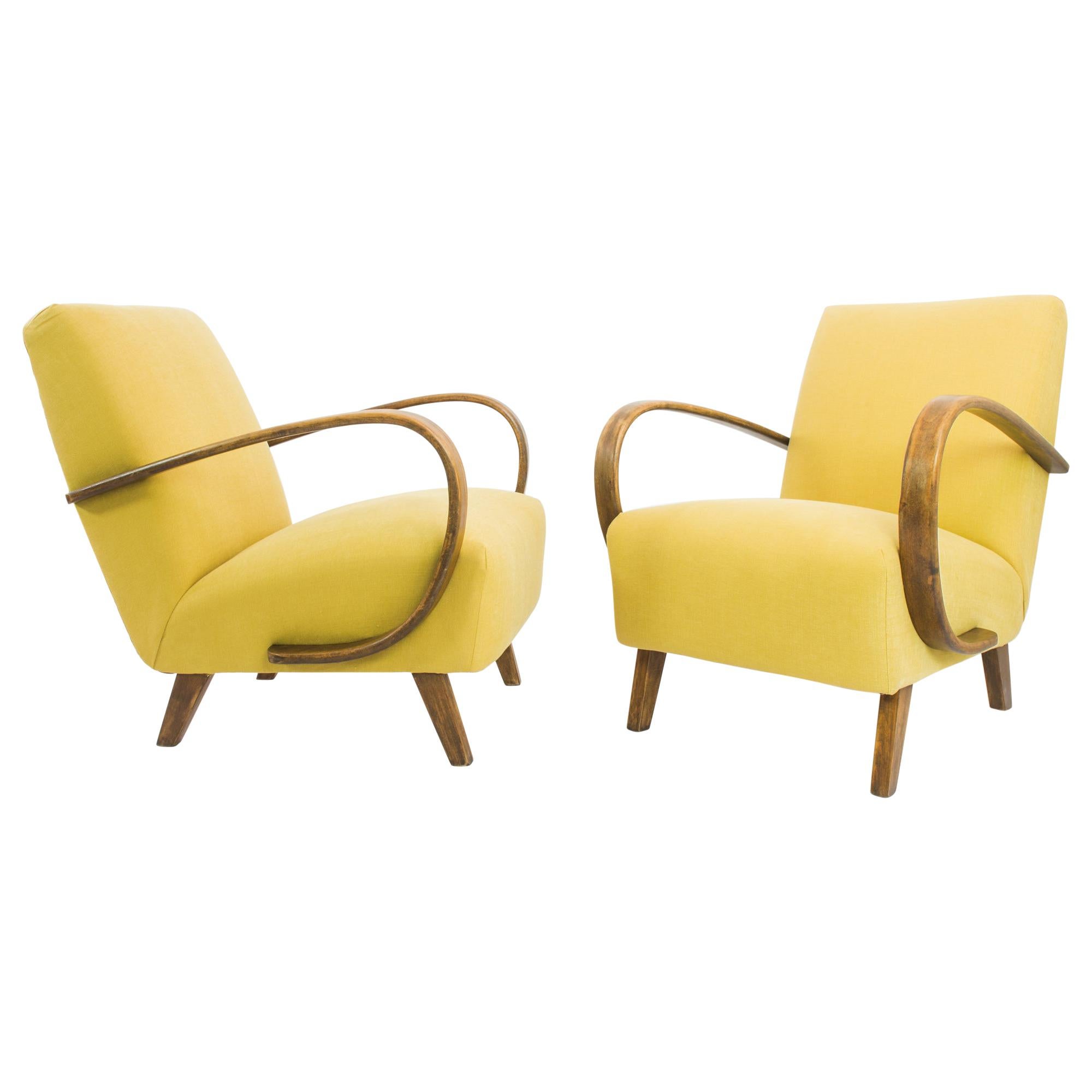 1960s Yellow Armchairs by J. Halabala, a Pair
