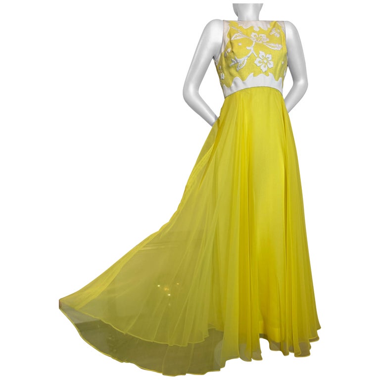 1960s Yellow Chiffon Maxi Dress W White Floral Patterned Bodice in Mateless