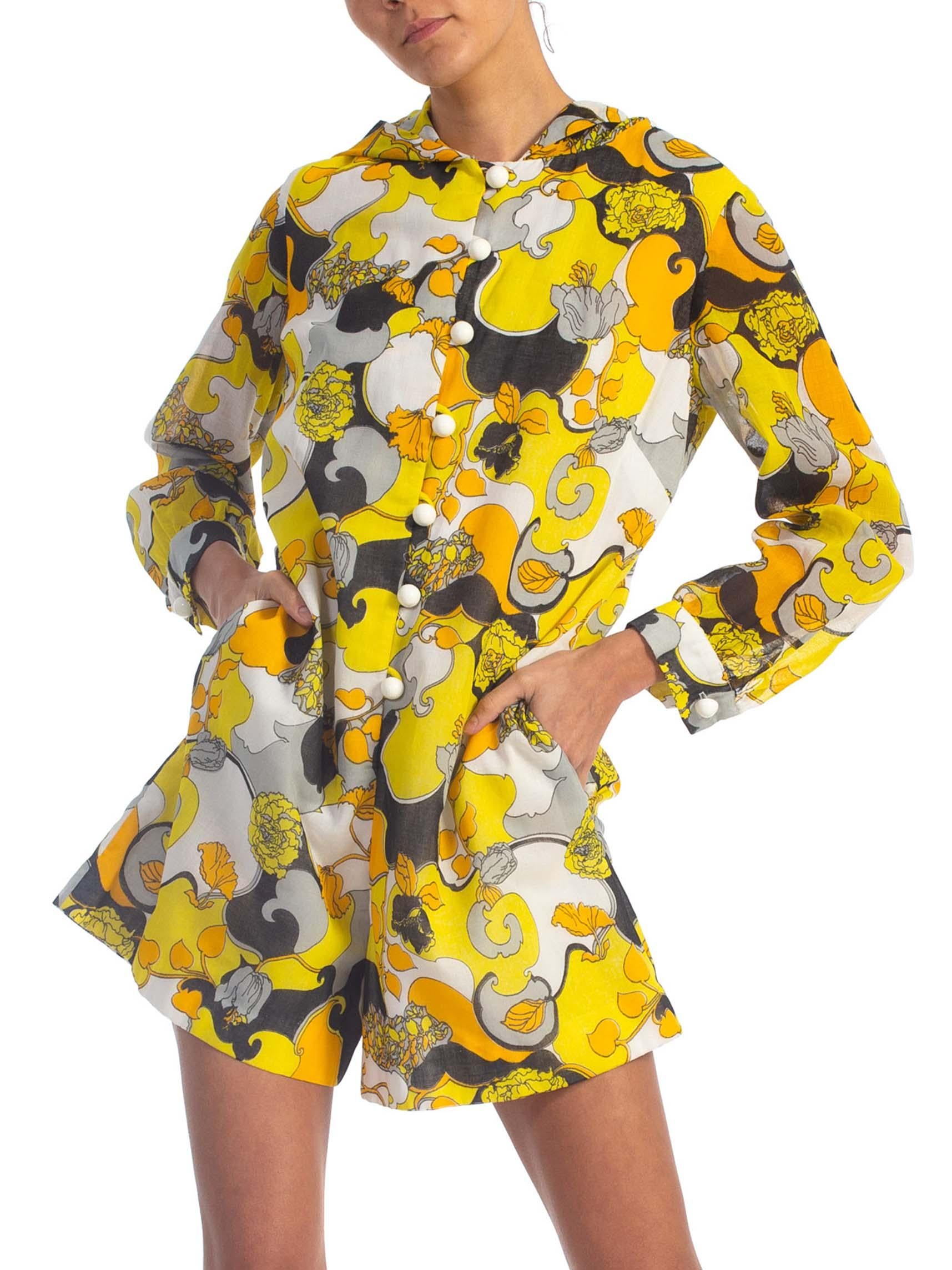 Women's 1960S Yellow Cotton Lawn Romper Jumpsuit With Hoodie For Sale