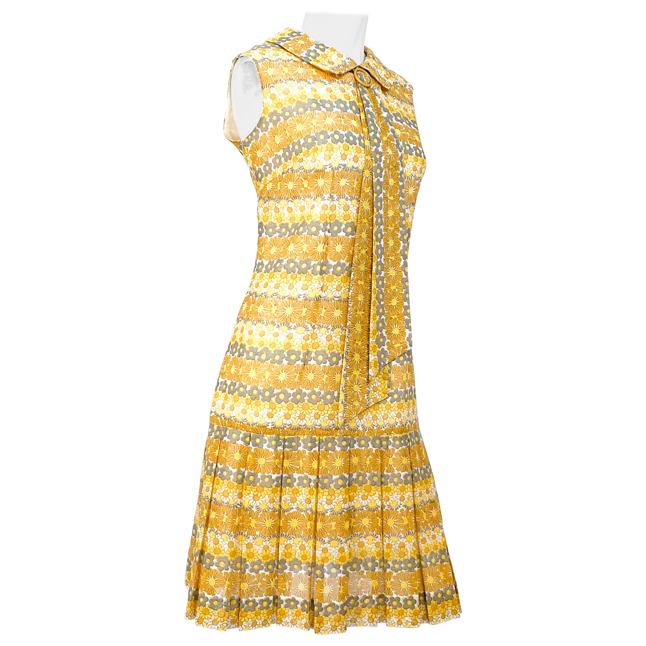 1960s Yellow Daisy Printed Drop-Waist Dress
