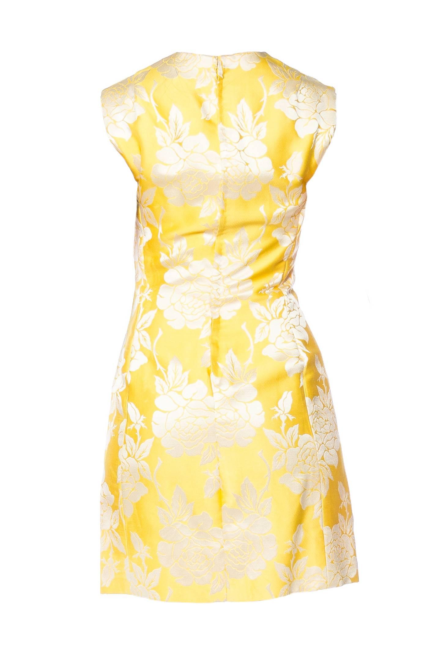 Women's 1960S Yellow Floral Silk Jaquard Mink Trim Two Piece Dress And Jacket Ensemble