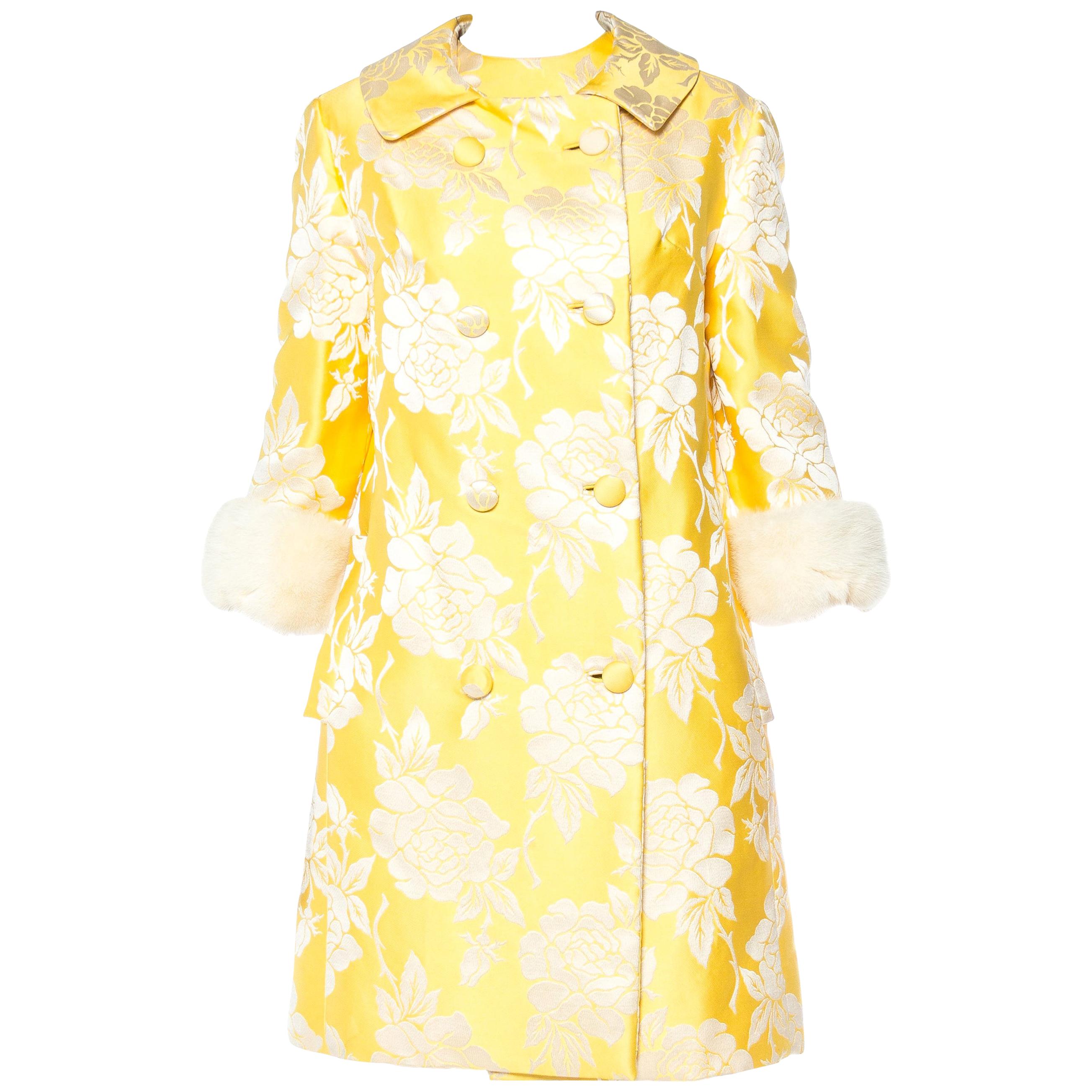 1960S Yellow Floral Silk Jaquard Mink Trim Two Piece Dress And Jacket Ensemble
