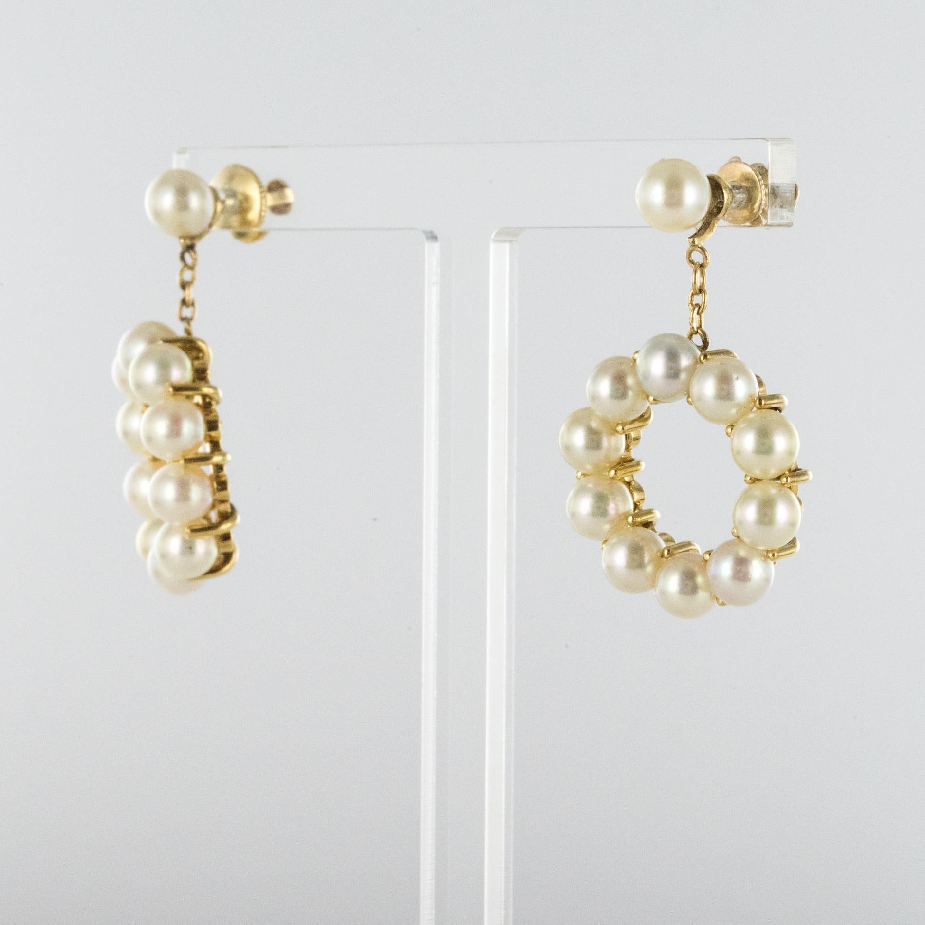 Round Cut 1960s Yellow Gold Cultured Pearl Dangling Earrings