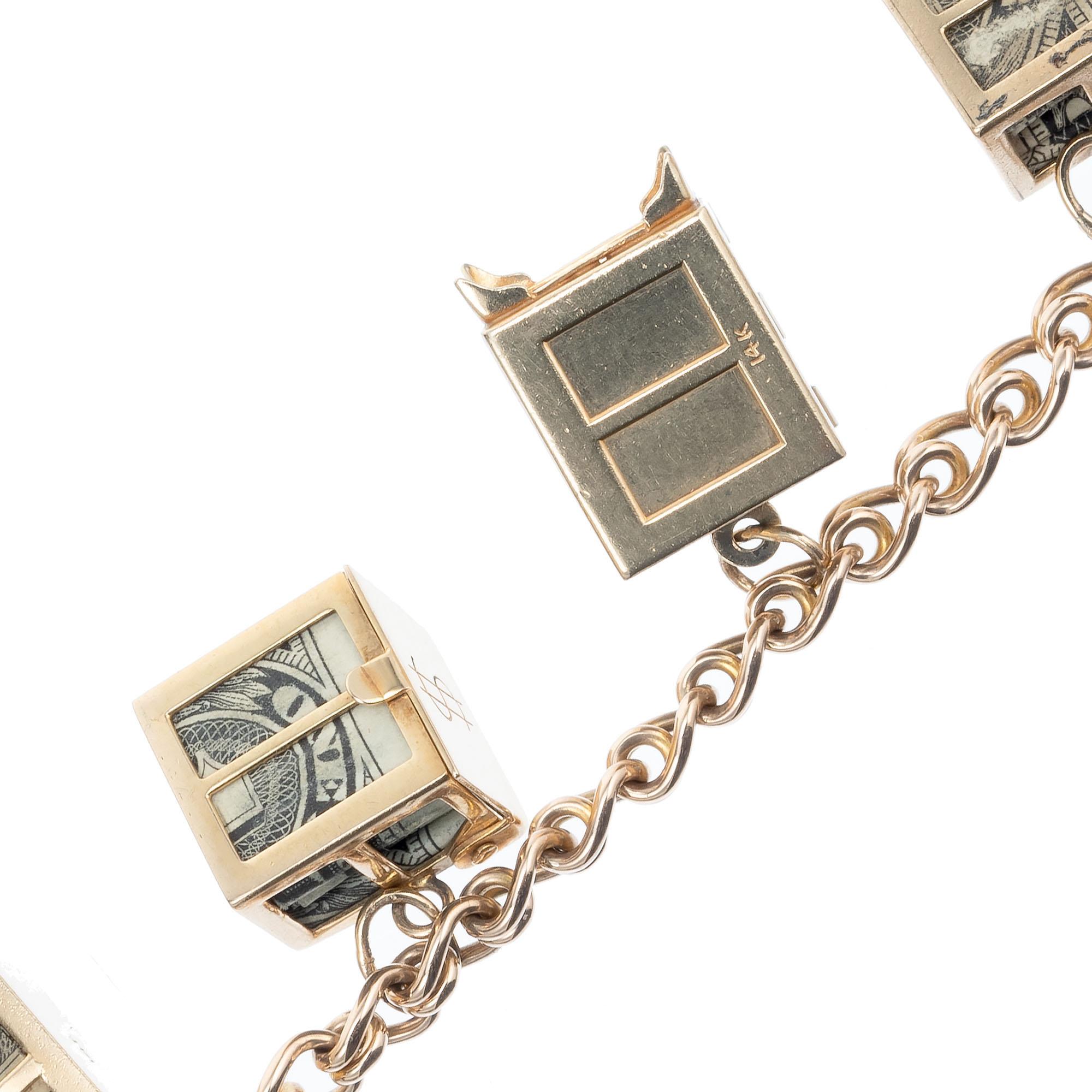 1960s Yellow Gold Mad-Money Themed Charm Bracelet In Good Condition For Sale In Stamford, CT
