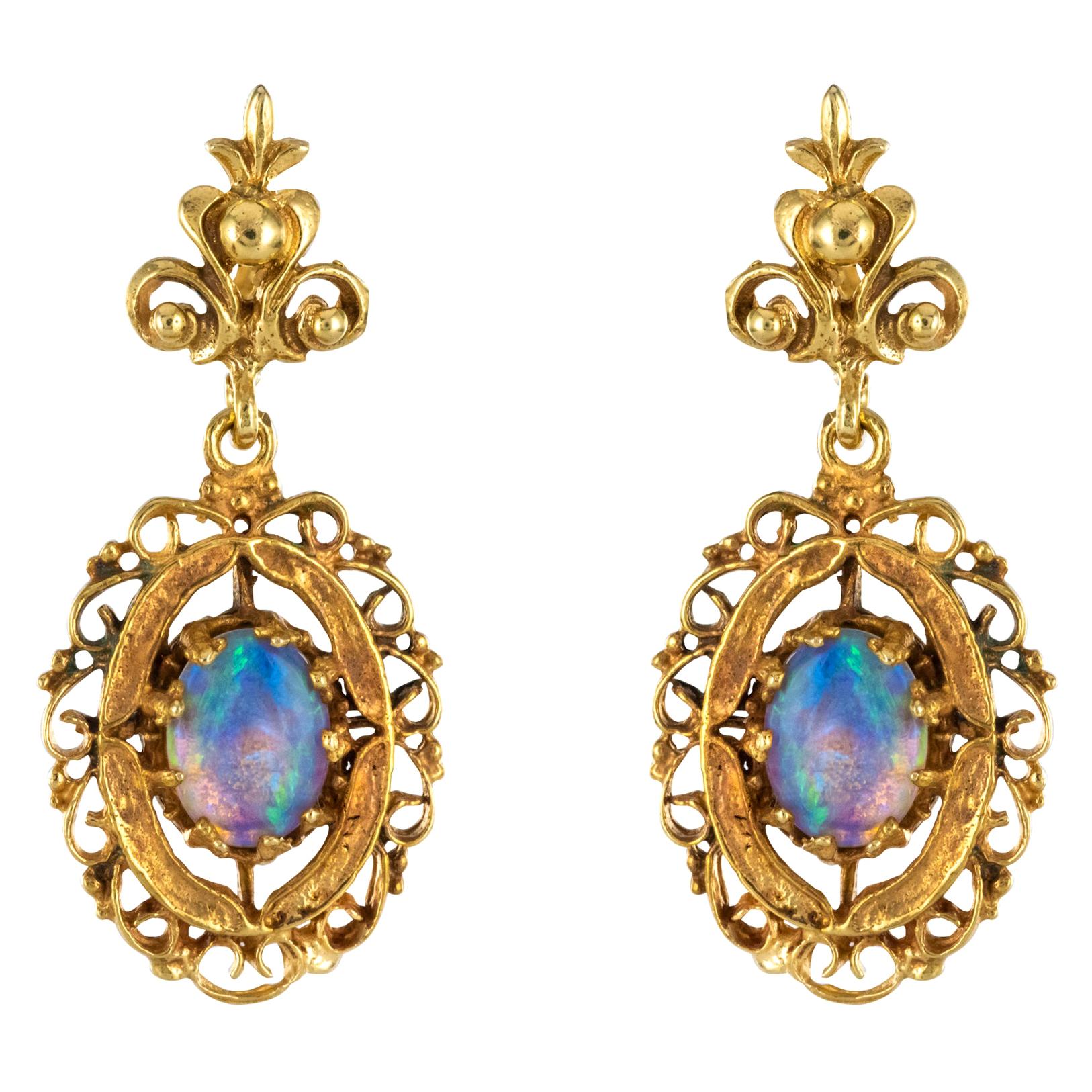 1960s Yellow Gold Opal Dangling Earrings