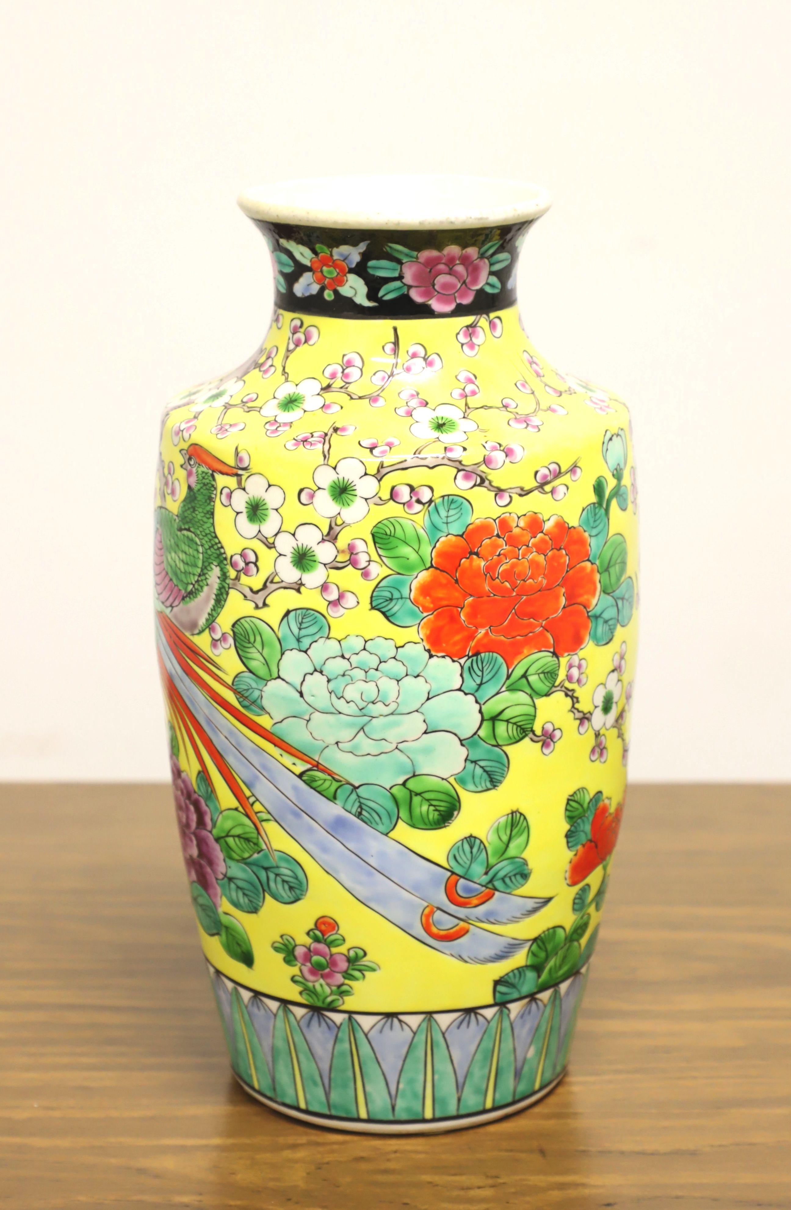 Hand-Painted 1960's Yellow/Green Japanese chinoiserie Ceramic Vase