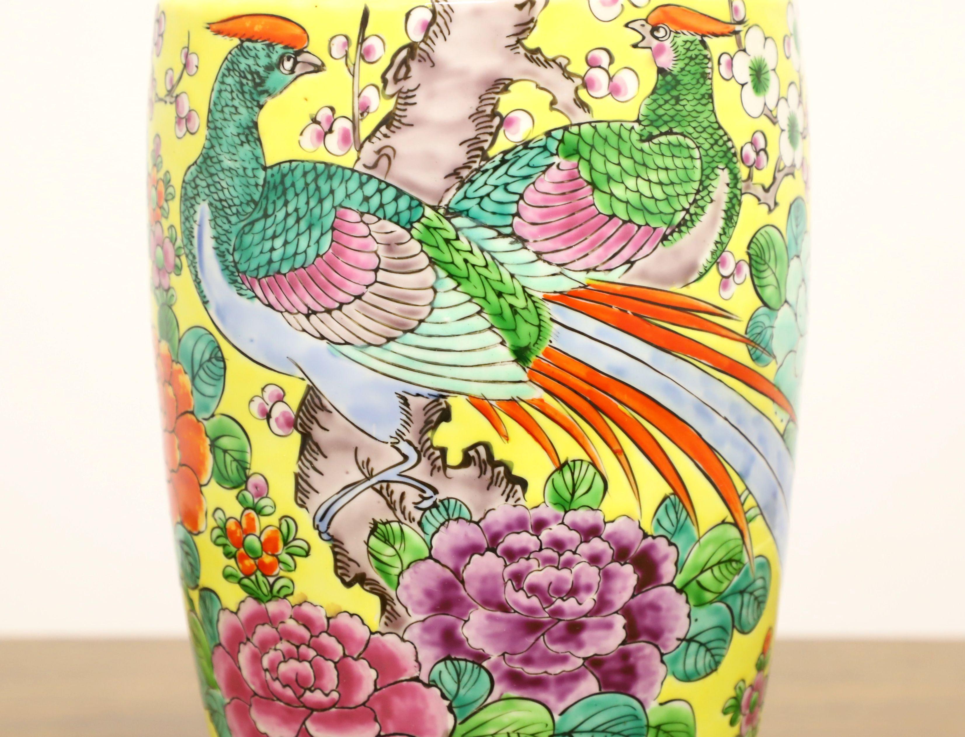 Paint 1960's Yellow/Green Japanese chinoiserie Ceramic Vase