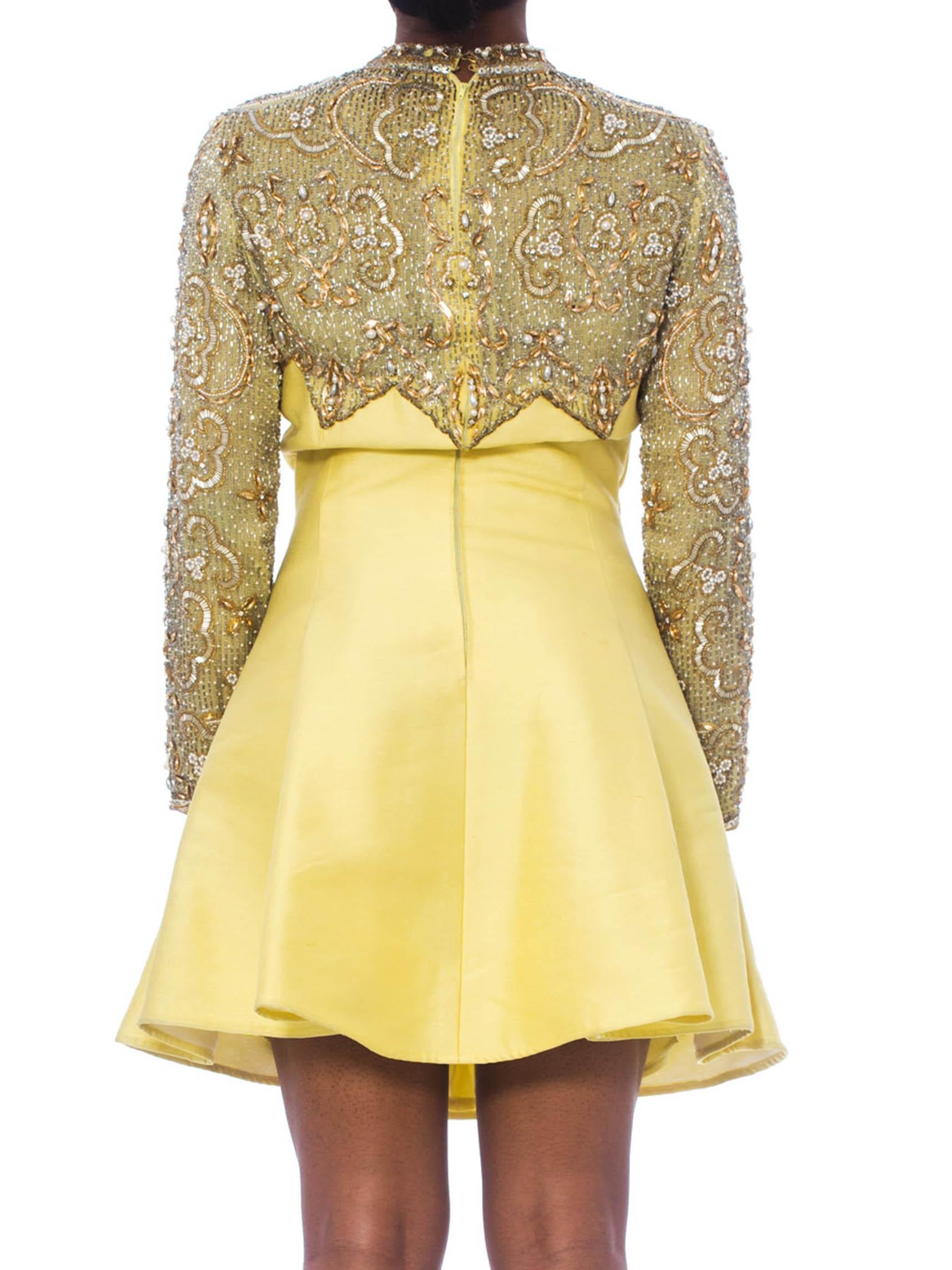 1960S Lemmon Yellow Hand Beaded Silk Radzimir Flared Mini Cocktail Dress With P In Excellent Condition For Sale In New York, NY