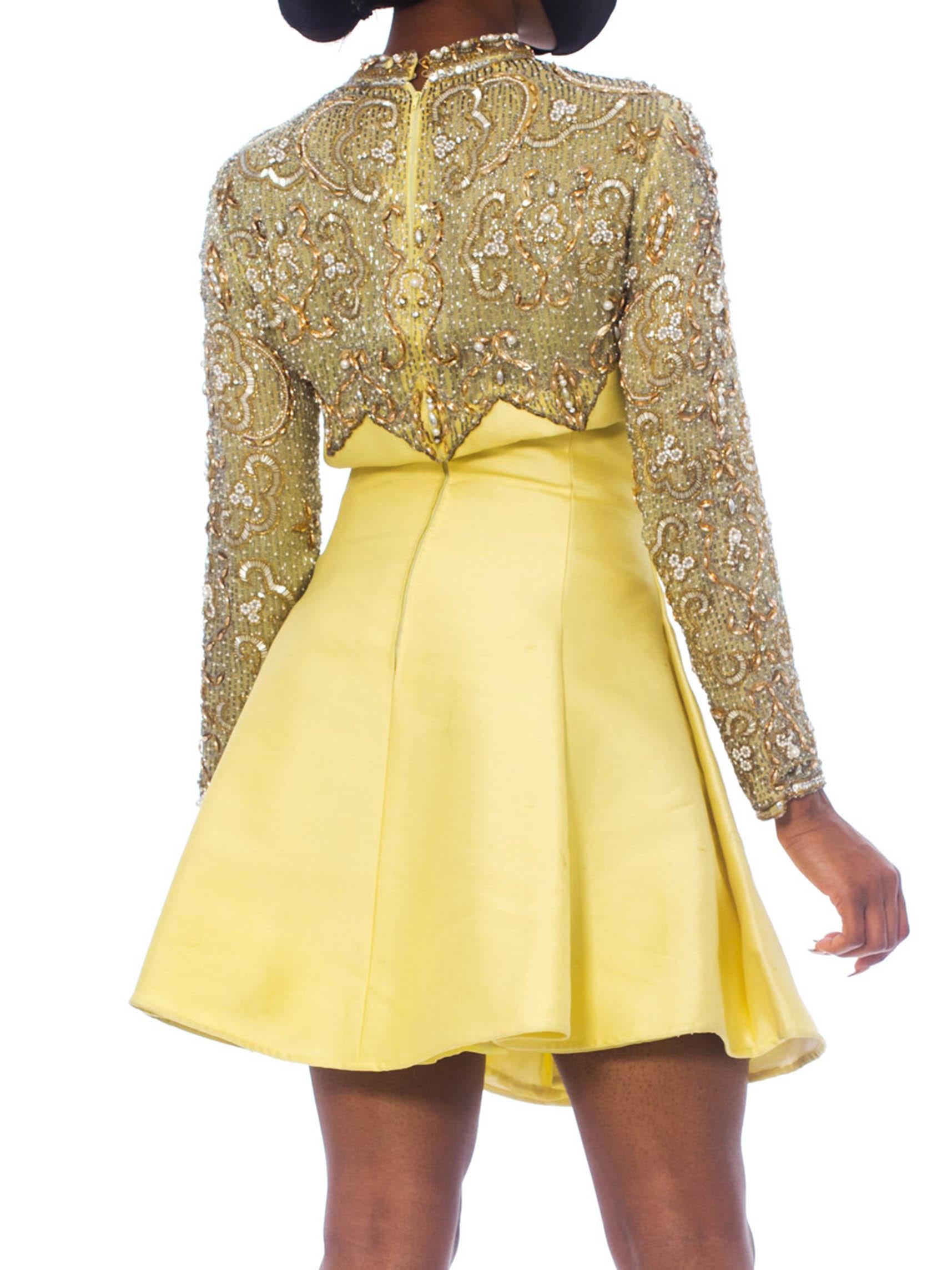 1960S Lemmon Yellow Hand Beaded Silk Radzimir Flared Mini Cocktail Dress With P For Sale 2