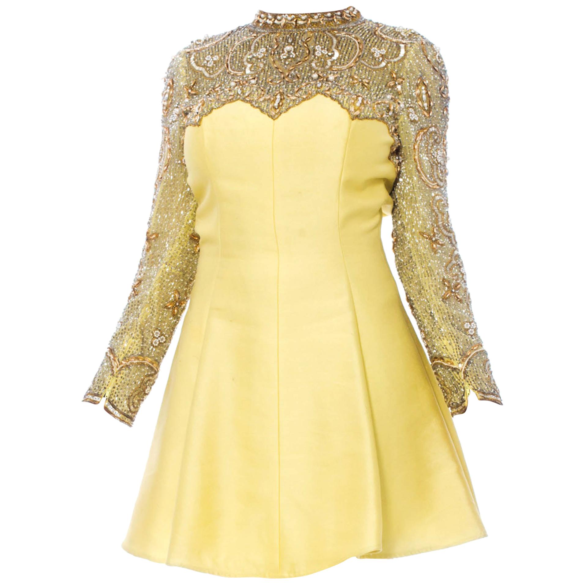 1960S Lemmon Yellow Hand Beaded Silk Radzimir Flared Mini Cocktail Dress With P For Sale