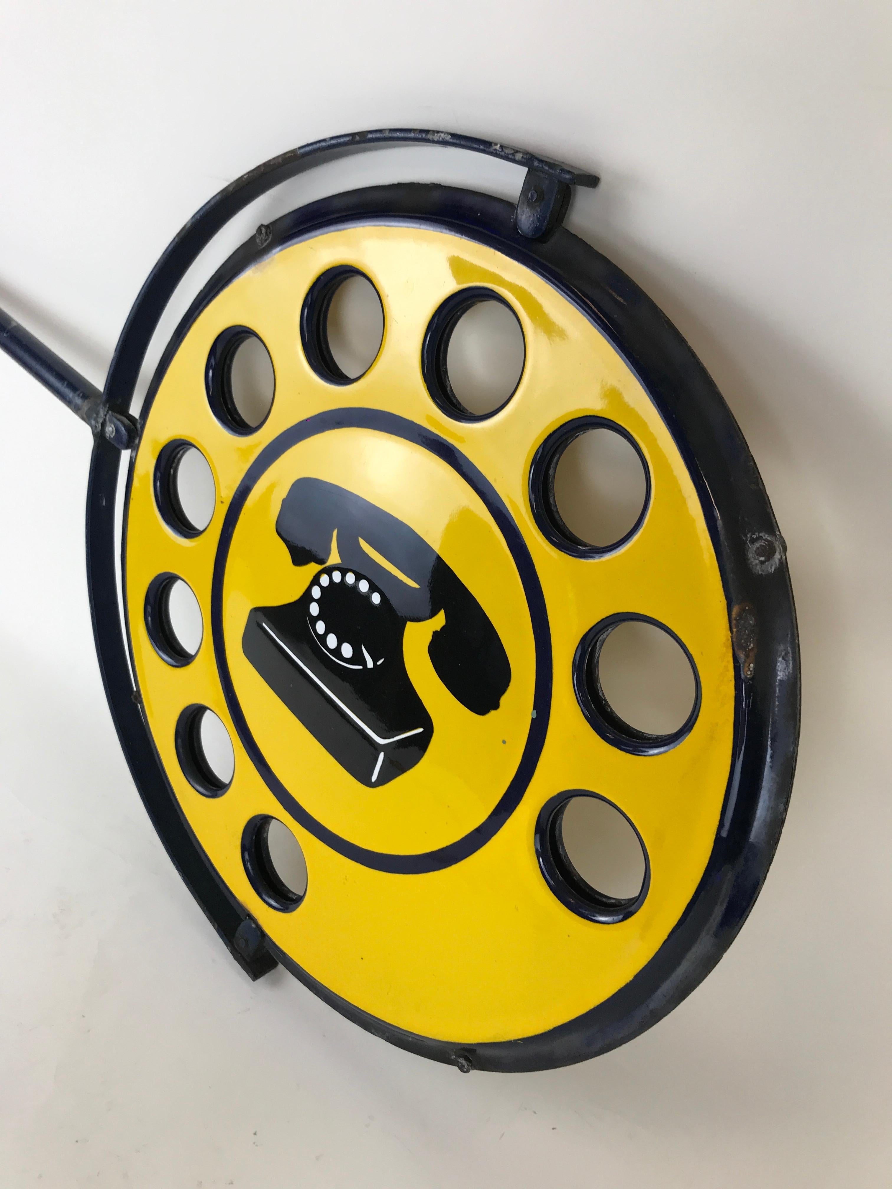 1960s Yellow Metal Enamel Vintage Italian Telephone Double-Sided Sign, Sip 6