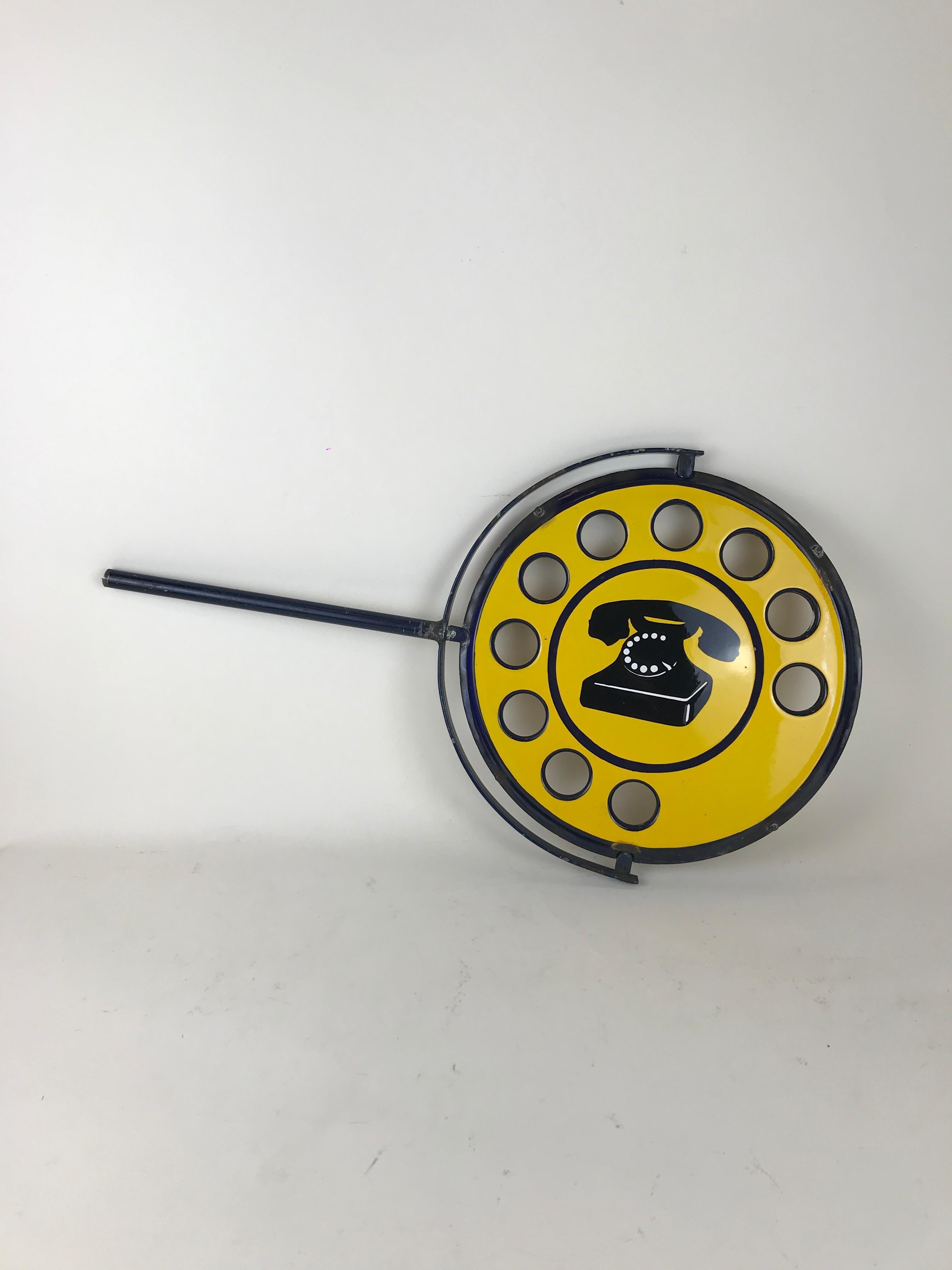 1960s Yellow Metal Enamel Vintage Italian Telephone Double-Sided Sign, Sip 1