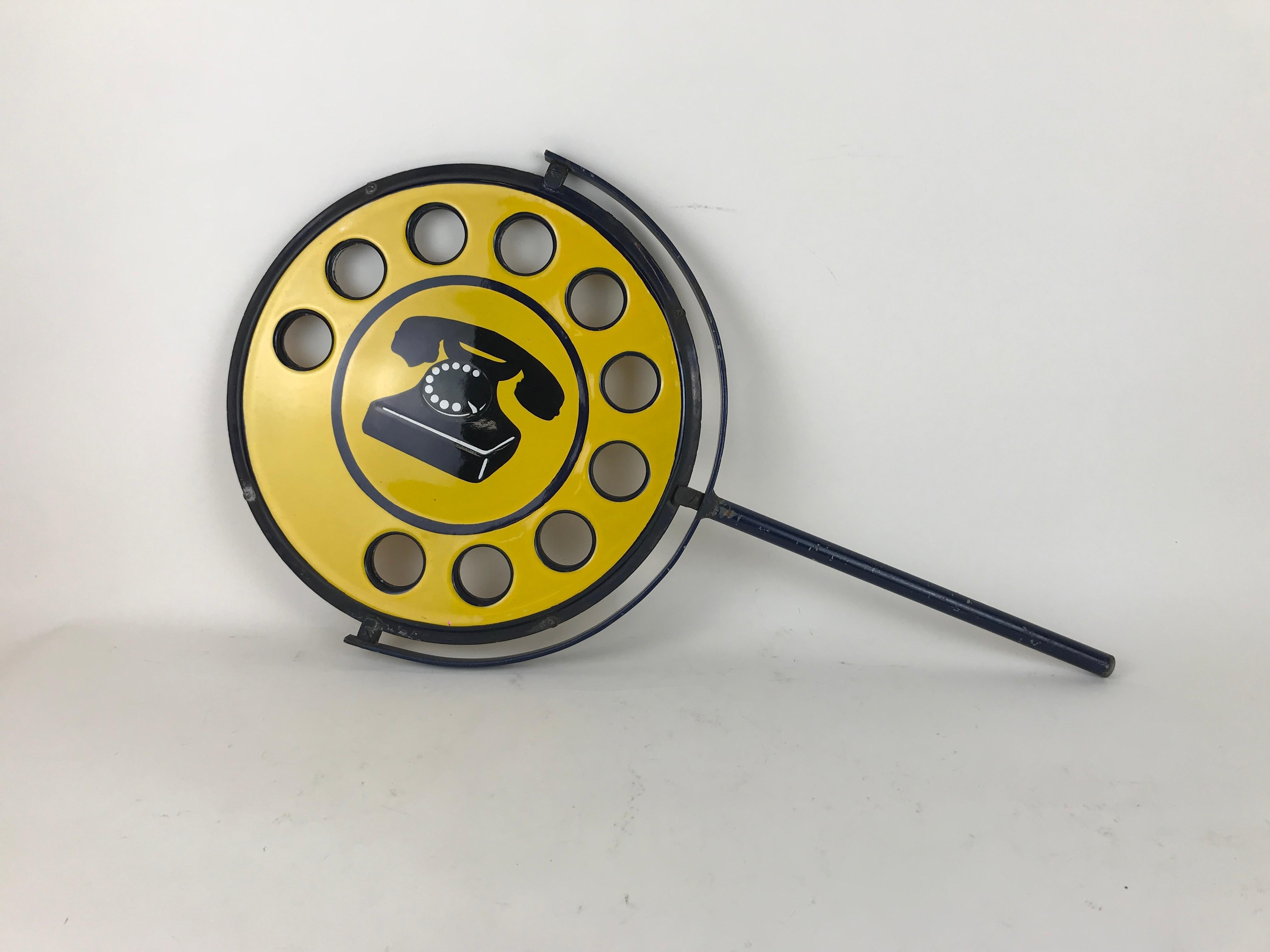 1960s Yellow Metal Enamel Vintage Italian Telephone Double-Sided Sign, Sip 2