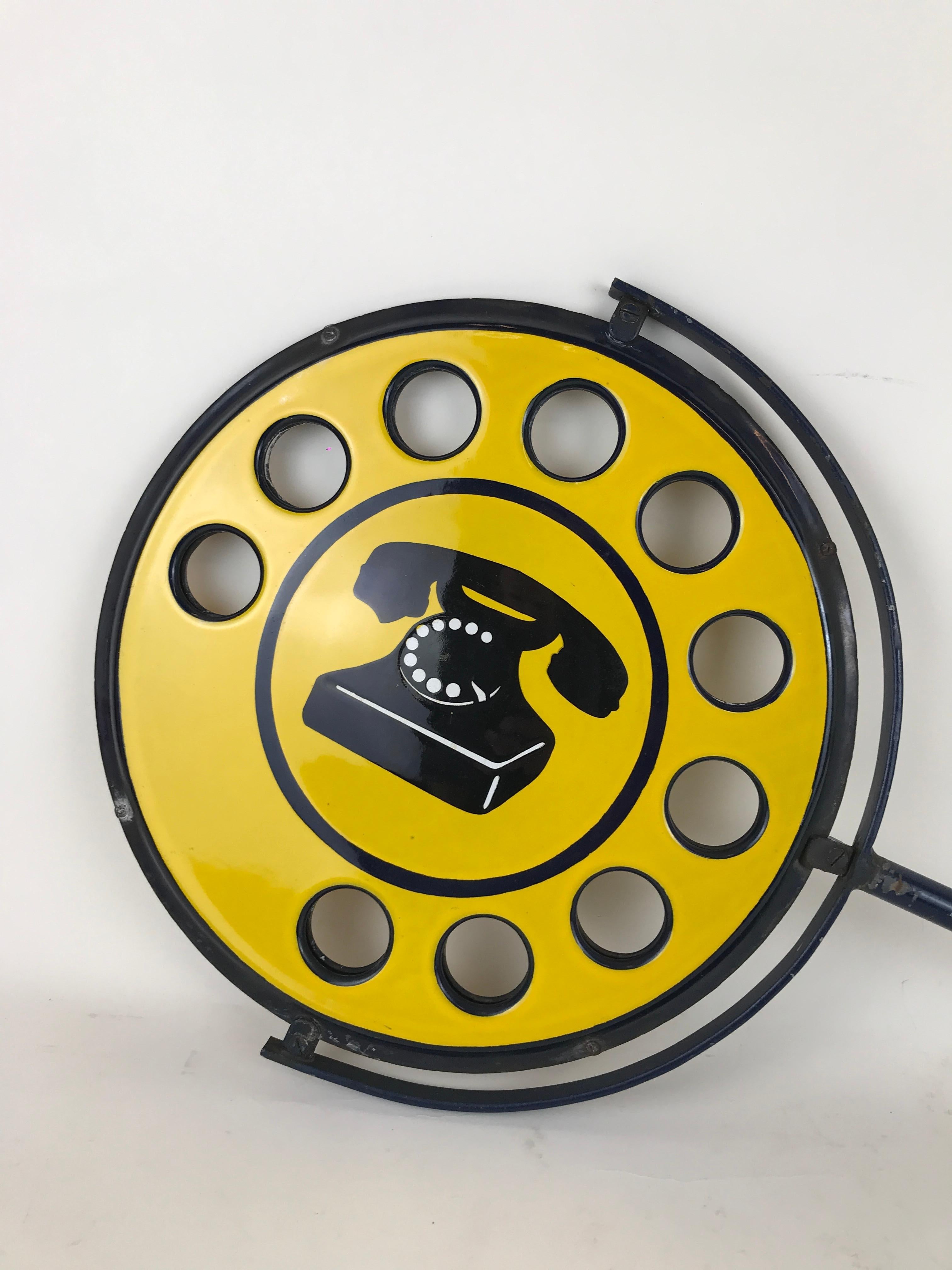 1960s Yellow Metal Enamel Vintage Italian Telephone Double-Sided Sign, Sip 4