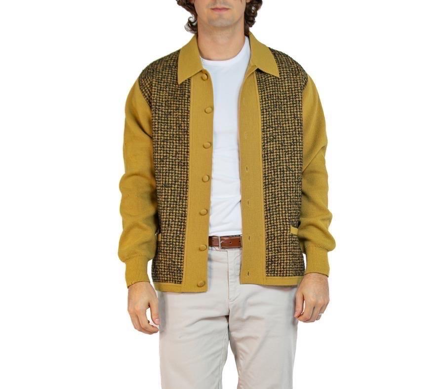 1960S Yellow Ochre Wool Knit Men's Cardigan XL For Sale 7