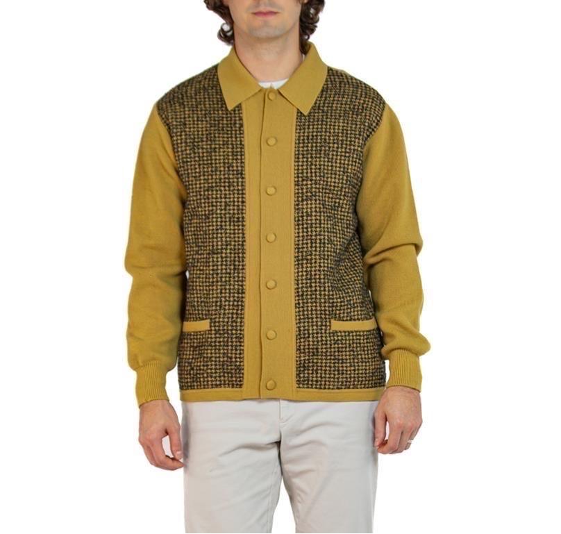 Front & pockets lined in Rayon 1960S Yellow Ochre Wool Knit Men's Cardigan XL 