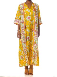 1960S Yellow & Pink Rayon Floral Duster Wrap Kaftan House Dress