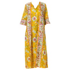 1960S Yellow & Pink Rayon Floral Duster Wrap Kaftan House Dress