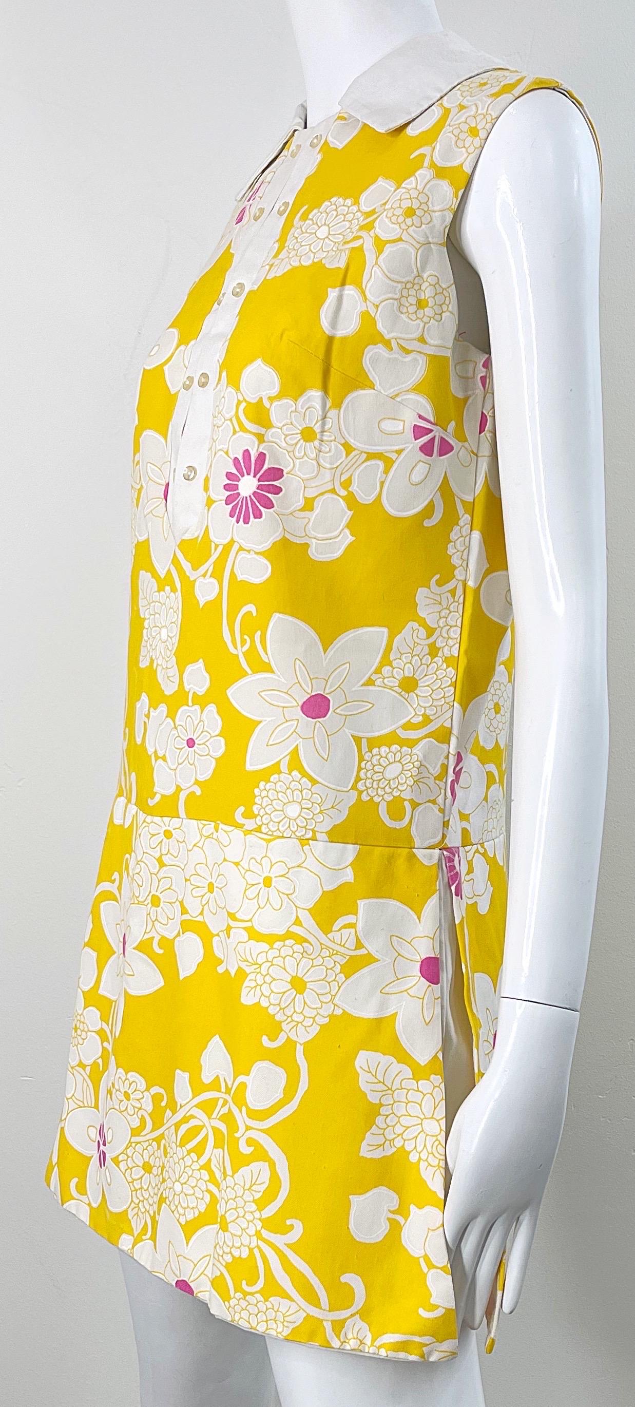 1960s Yellow + Pink Romper Skort Mod Cotton Flower Print Vintage 60s Jumpsuit For Sale 6