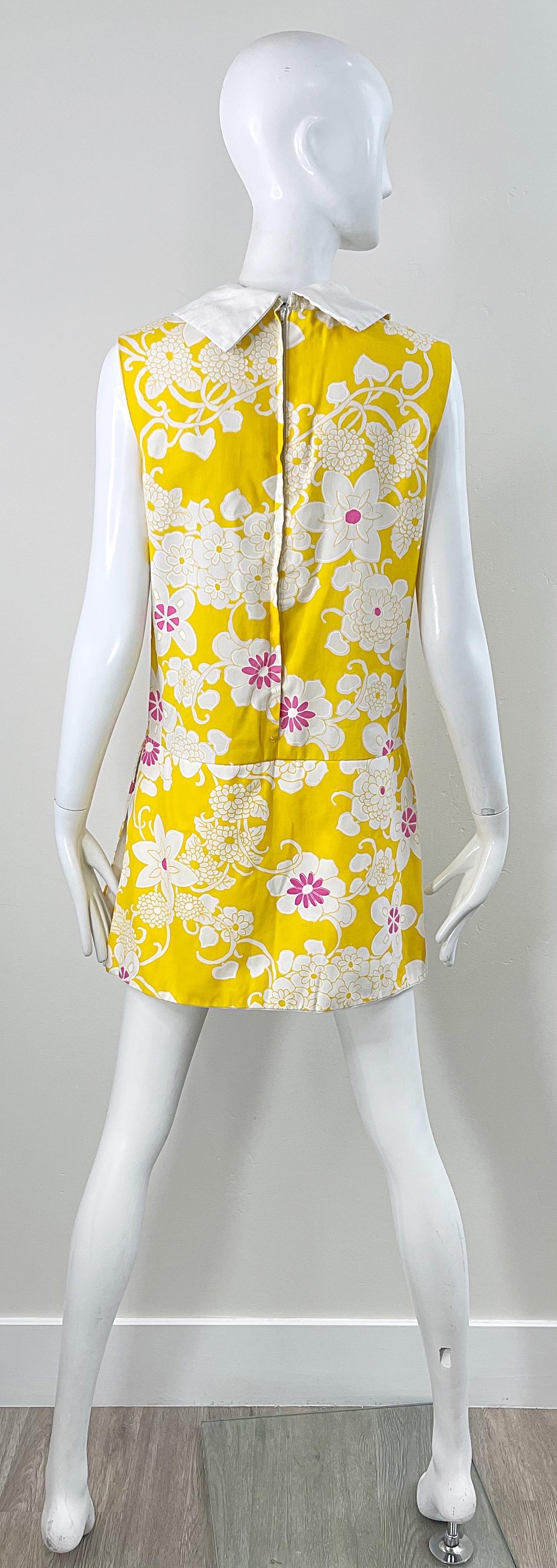 1960s Yellow + Pink Romper Skort Mod Cotton Flower Print Vintage 60s Jumpsuit For Sale 9