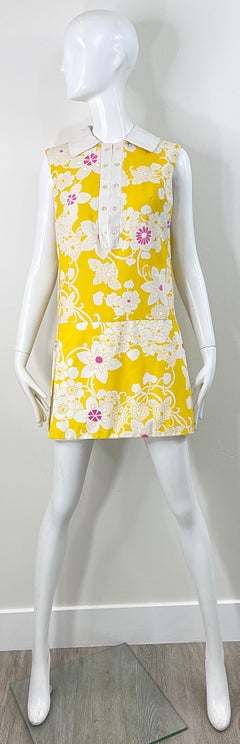 1960s Yellow + Pink Romper Skort Mod Cotton Flower Print Vintage 60s Jumpsuit