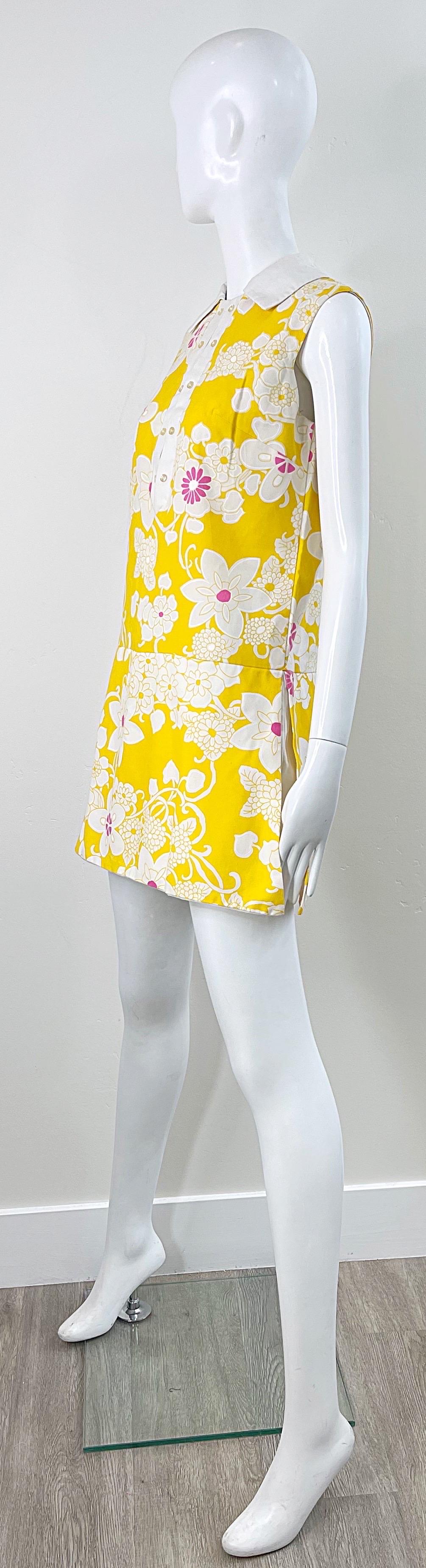1960s Yellow + Pink Romper Skort Mod Cotton Flower Print Vintage 60s Jumpsuit For Sale 2
