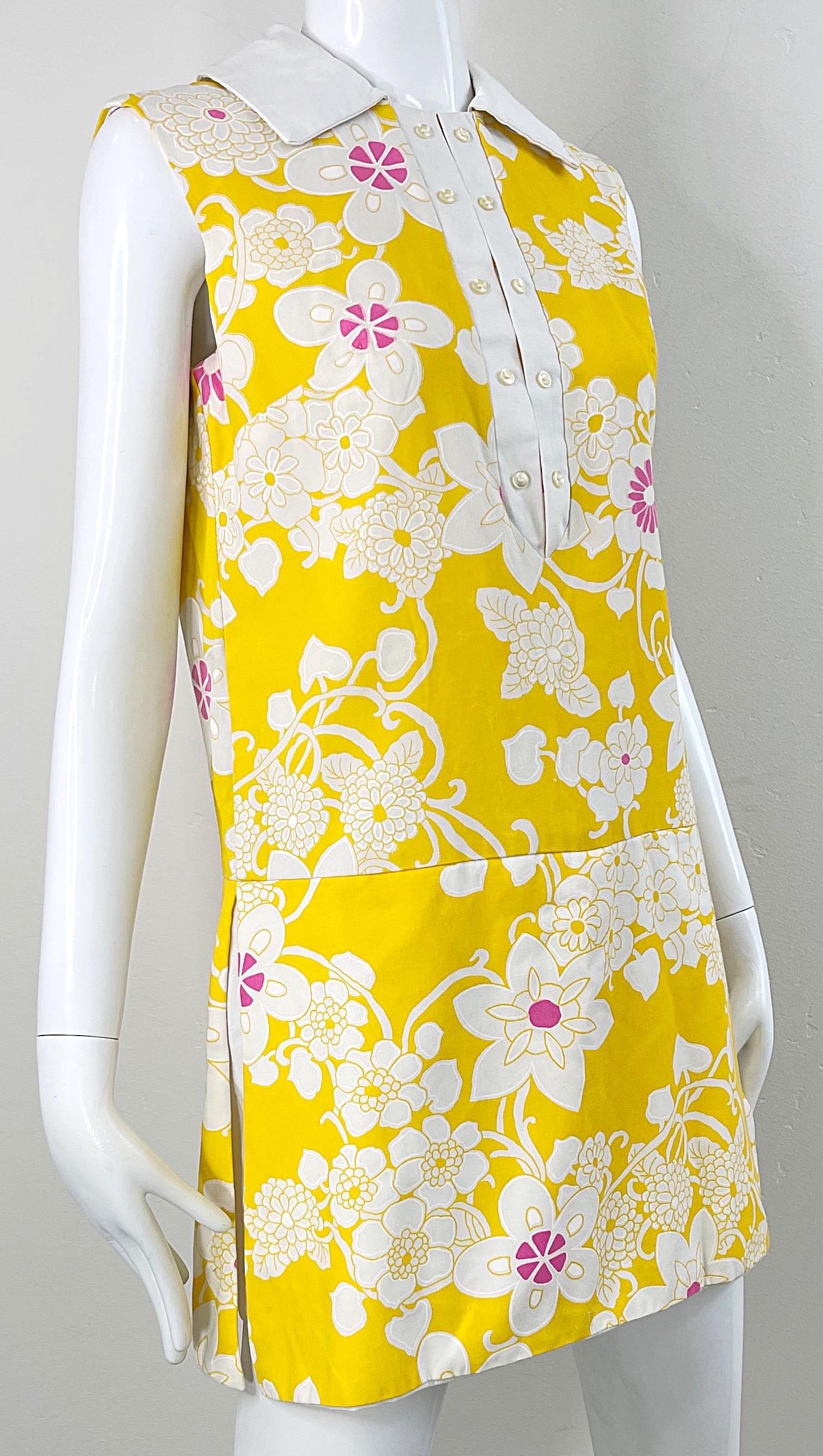 1960s Yellow + Pink Romper Skort Mod Cotton Flower Print Vintage 60s Jumpsuit For Sale 3