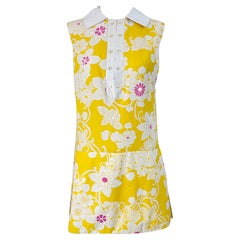 1960s Yellow + Pink Romper Skort Mod Cotton Flower Print Vintage 60s Jumpsuit