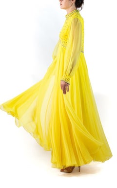 1960S Yellow Polyester Chiffon Crystal Encrusted Gown With Giant Blouse Sleeves