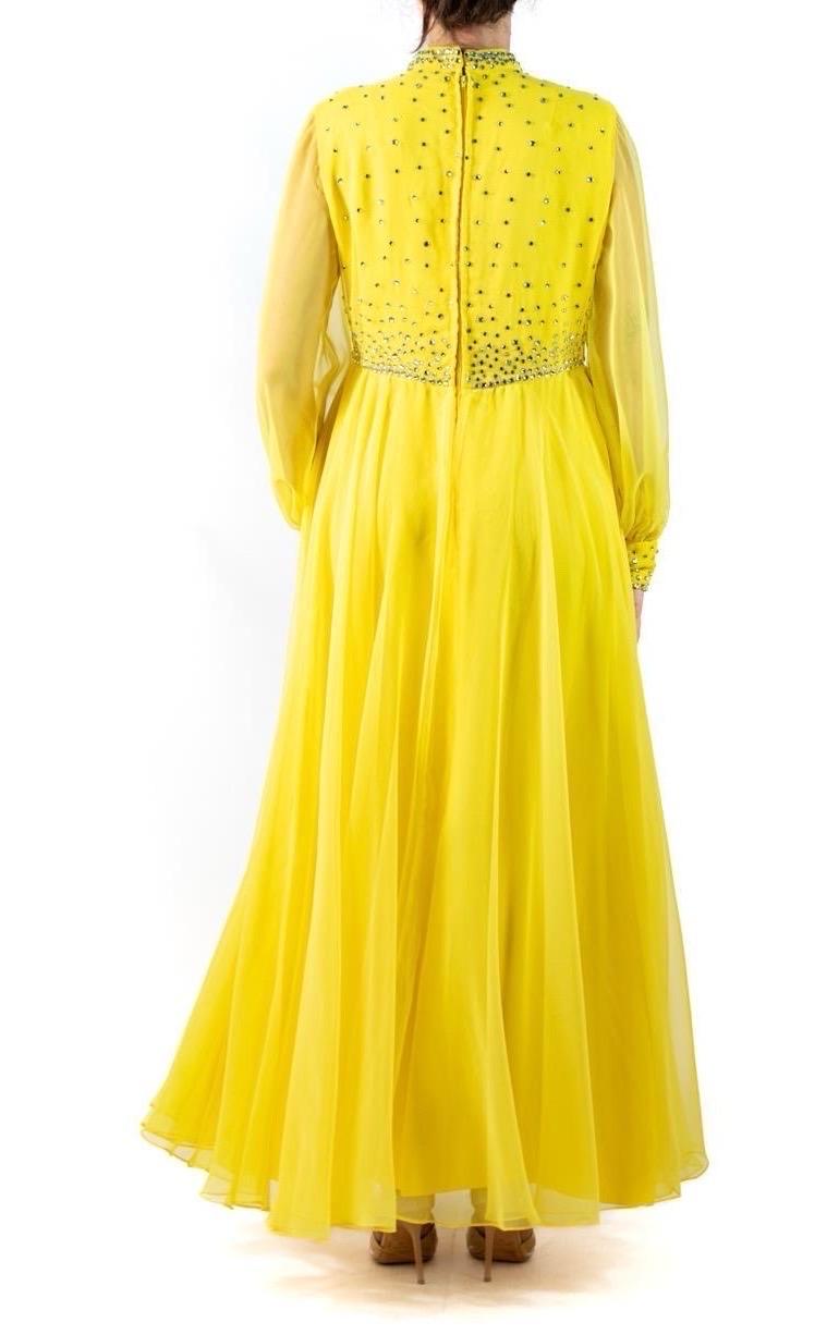 1960S Yellow Polyester Chiffon Crystal Encrusted Gown With Giant Blouse Sleeves For Sale 3