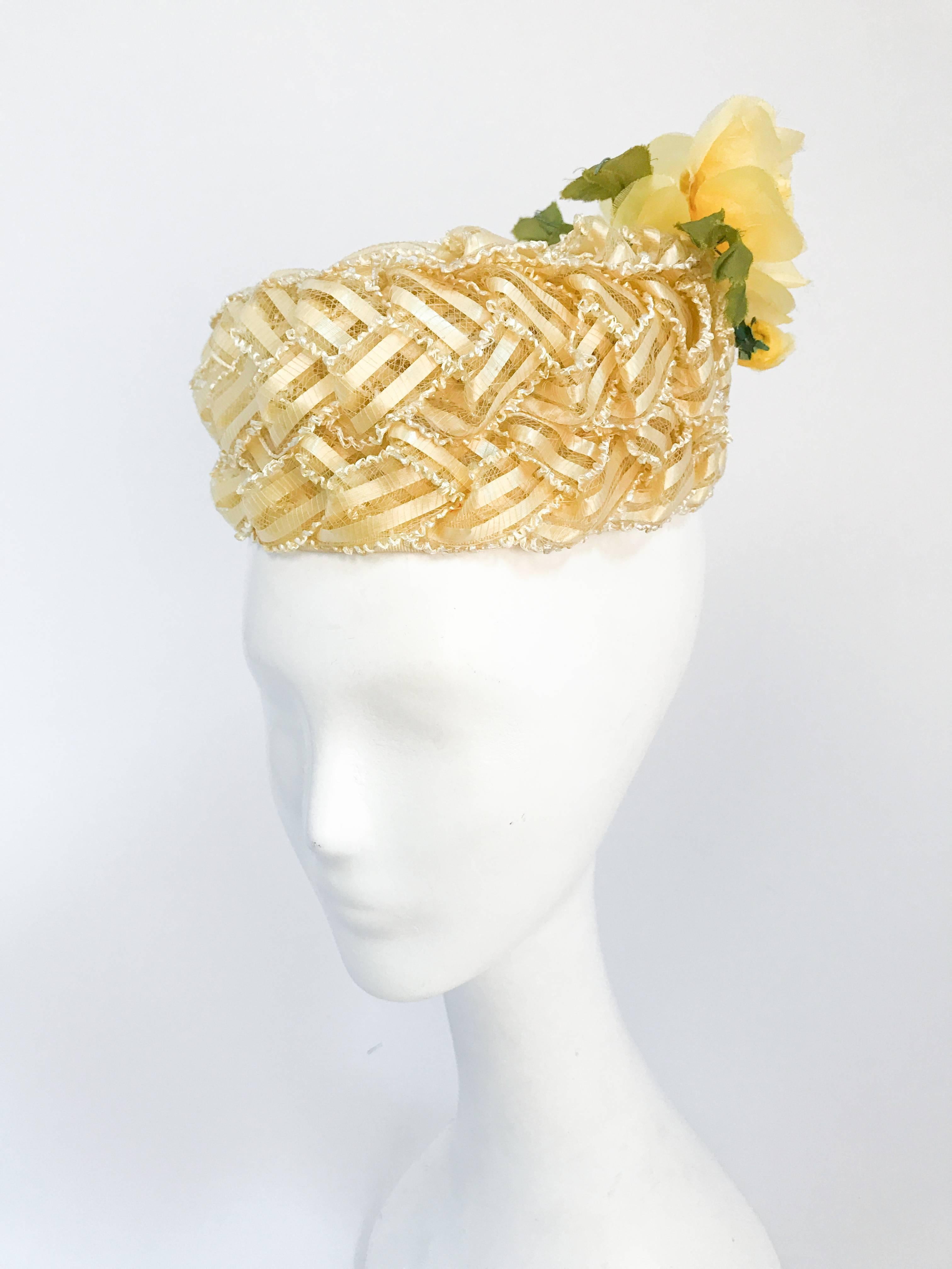1960s Yellow Raffia and Straw Ribbon Pillbox hat with Silk Flowers. Open-Sized.