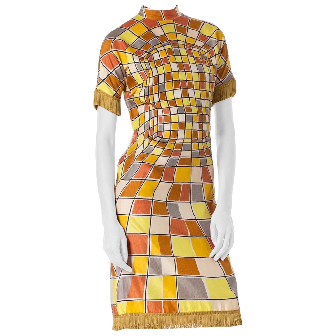 1960S Yellow Rayon Op-Art Geo Print Short Sleeve Mod Dress With Fringe