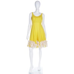 1960s Yellow Silk Chiffon Summer Vintage Dress With Silk Faux Feathers