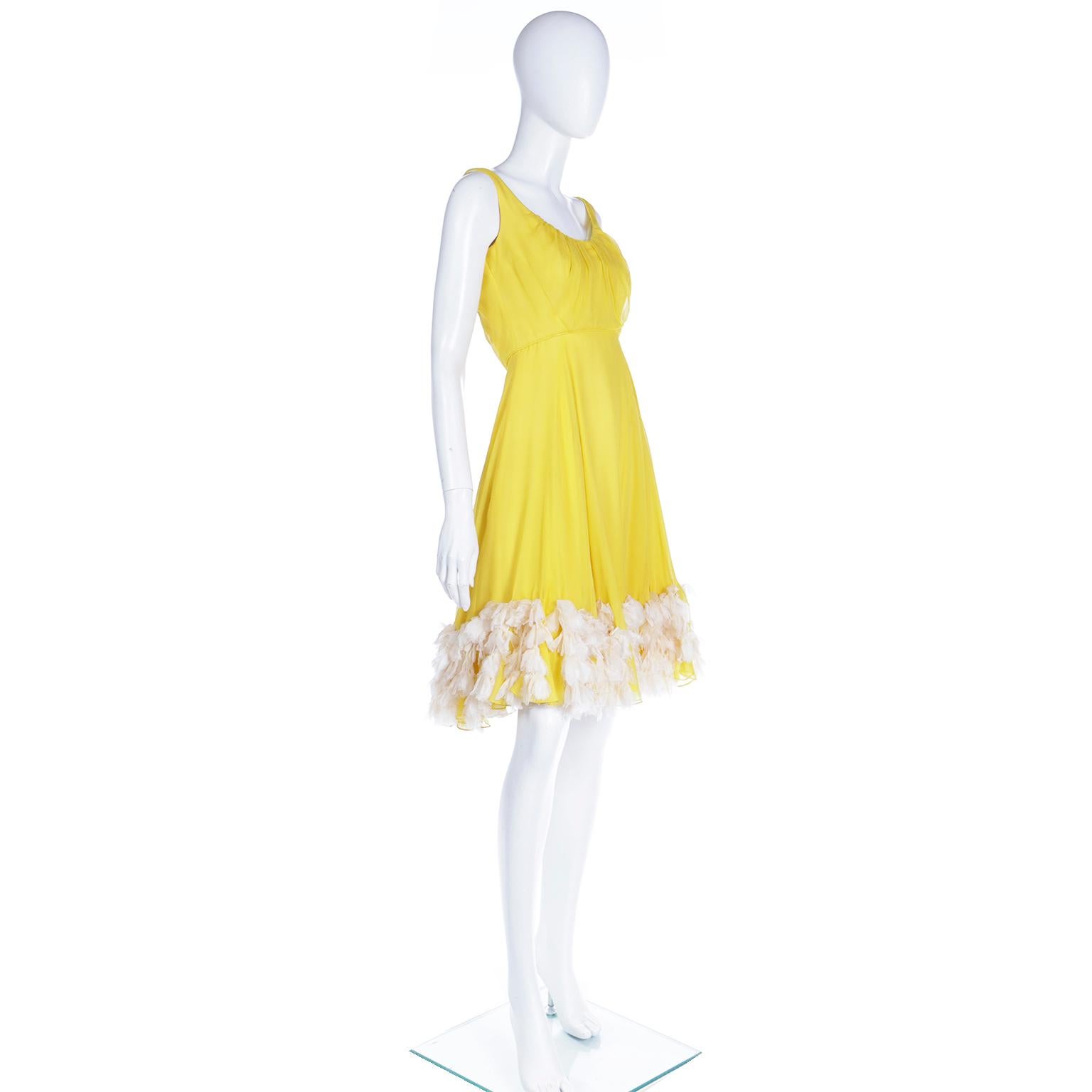 1960s Yellow Silk Chiffon Summer Vintage Dress With Silk Faux Feathers In Good Condition For Sale In Portland, OR