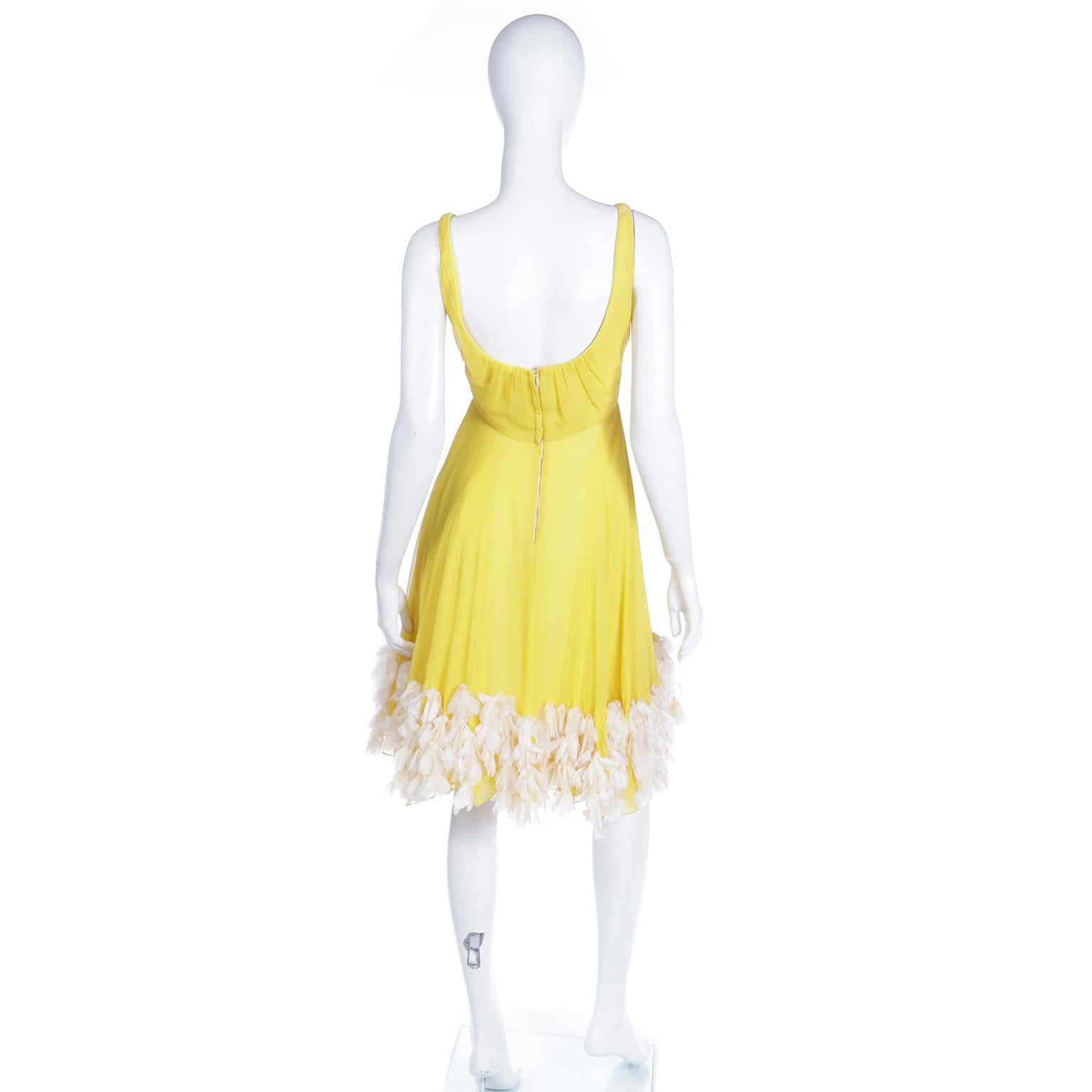 Women's 1960s Yellow Silk Chiffon Summer Vintage Dress With Silk Faux Feathers For Sale