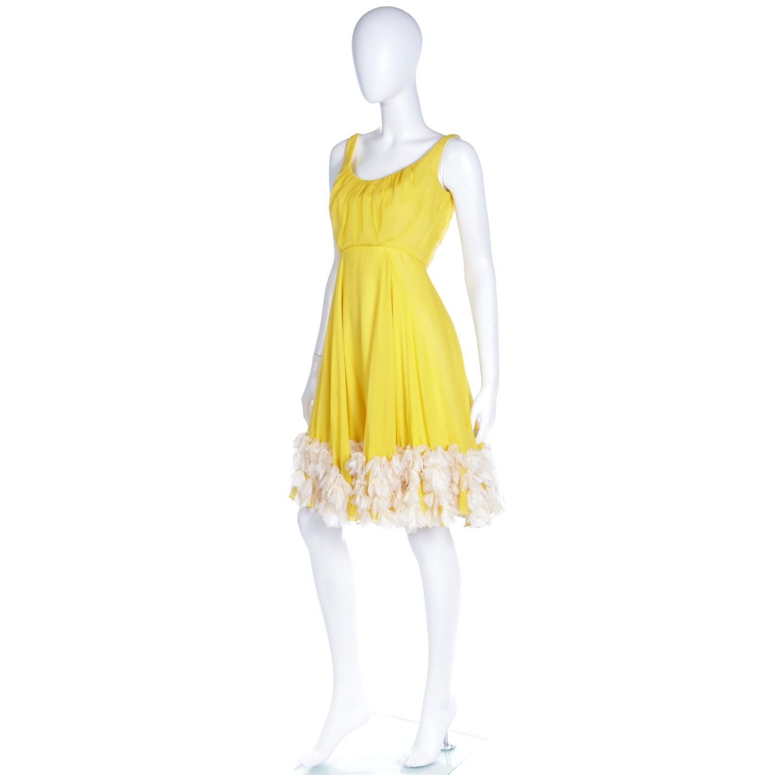 1960s Yellow Silk Chiffon Summer Vintage Dress With Silk Faux Feathers For Sale 1