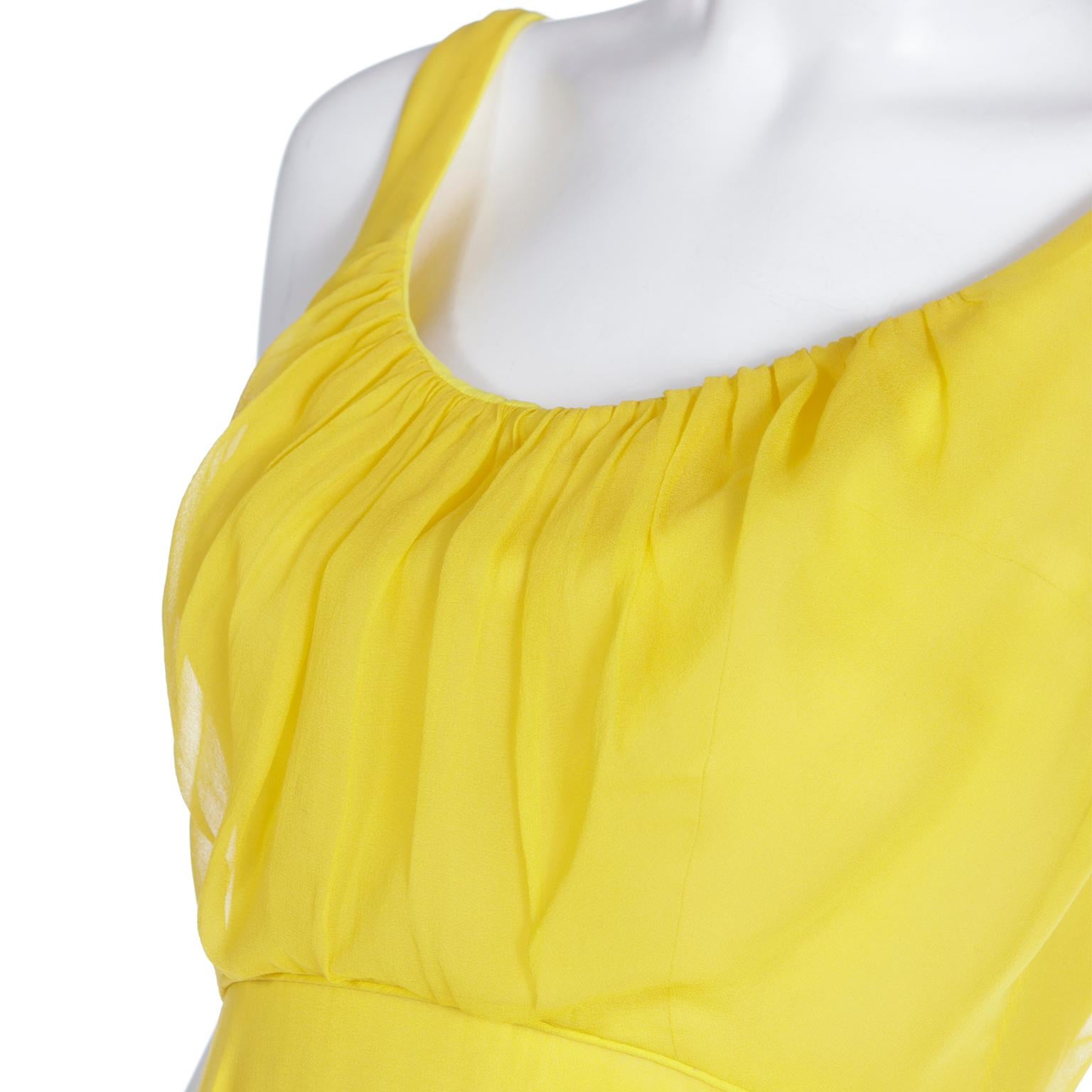 1960s Yellow Silk Chiffon Summer Vintage Dress With Silk Faux Feathers For Sale 2